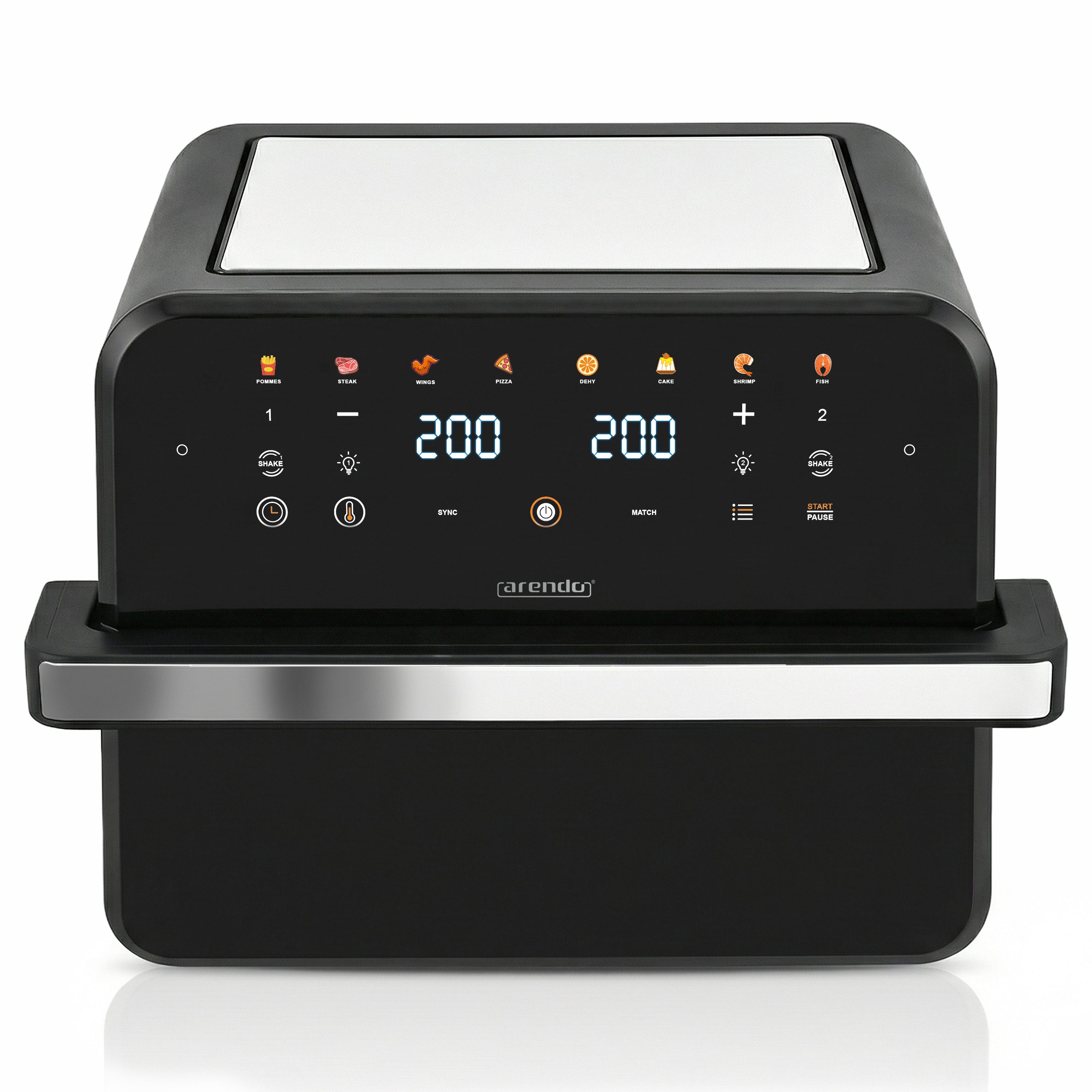 Arendo Heißluftfritteuse mit 2 Kammern Nebeneinander, XXL Doppelkammer Airfryer 12L, Dual Zone, 2600 W, mit Zubehör, Umluft Backofen, 80-200°C, fettarmes gesundes Kochen