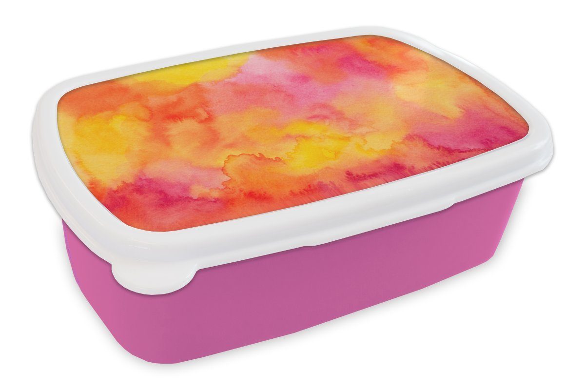 MuchoWow Lunchbox Farbe - Malerei - Orange - Gelb, Kunststoff, (2-tlg), Brotbox für Erwachsene, Brotdose Kinder, Snackbox, Mädchen, Kunststoff rosa