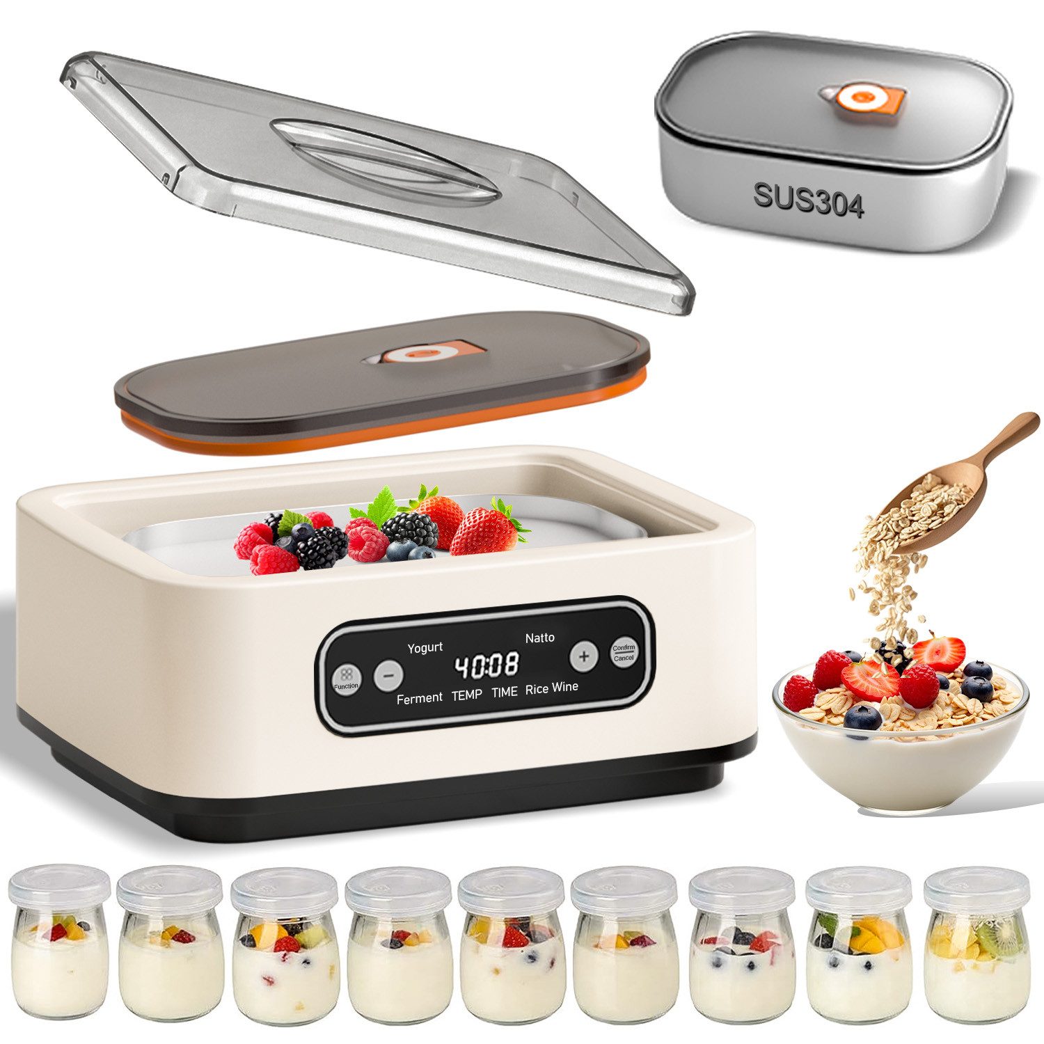 SWGOTA Joghurtbereiter Joghurtbereiter, 1,6 L SUS304-Innenbehälter, Temperatur & Timer, OLED, 9 Borosilikat-Gläser für Fermentation, Joghurt, Natto & Reiswein