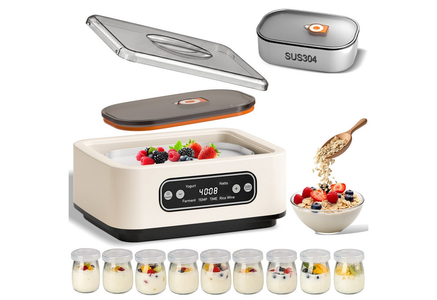 SWGOTA Joghurtbereiter Joghurtbereiter, 1,6 L SUS304-Innenbehälter, Temperatur & Timer, OLED, 9 Borosilikat-Gläser für Fermentation, Joghurt, Natto & Reiswein