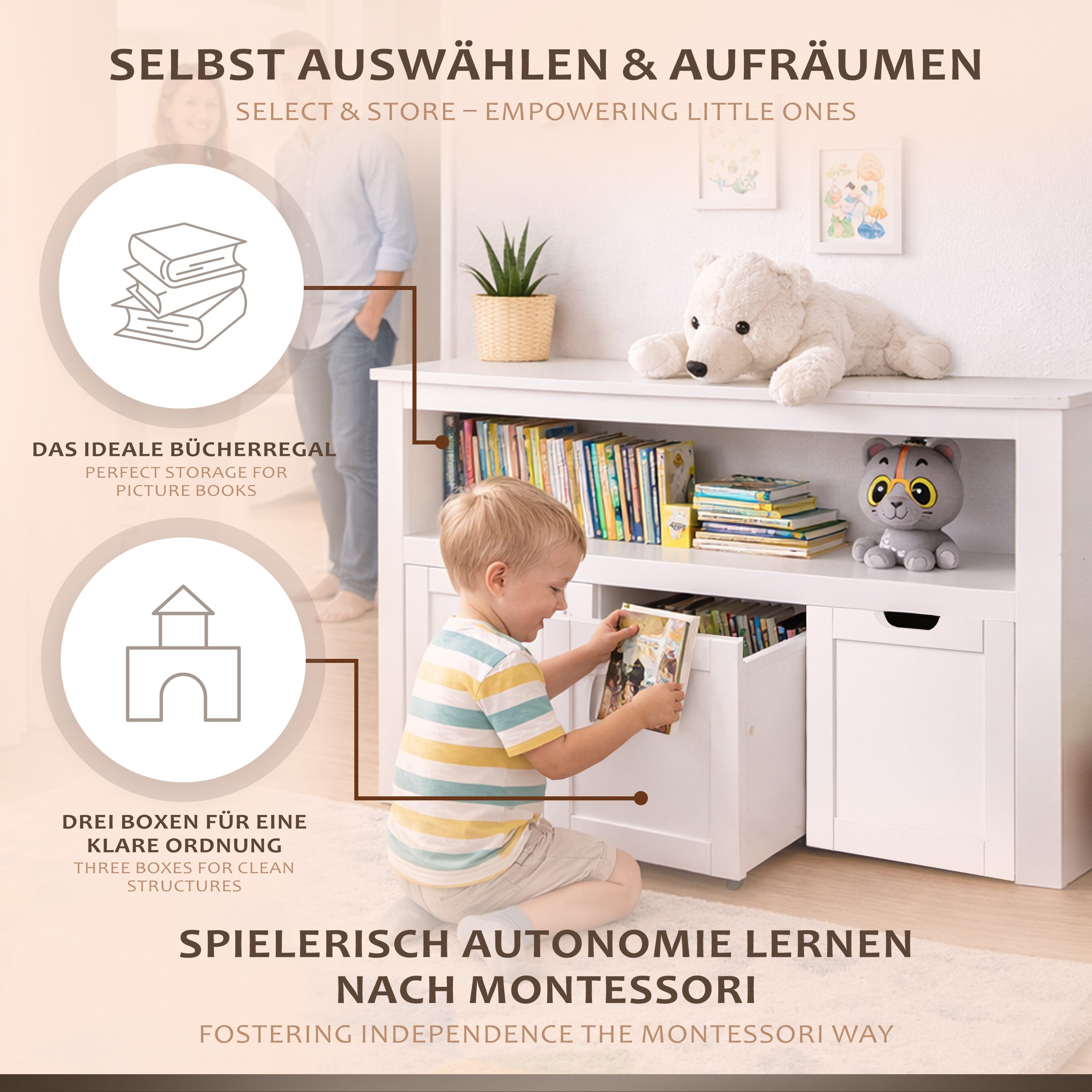 ONVAYA Sideboard mit Rollboxen - Bücherregal-Kuscheltier Aufbewahrung