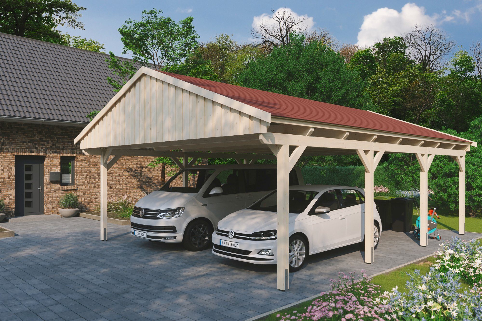 Skanholz Doppelcarport Fichtelberg, BxT: 618x808 mit Einfahrtshöhe, cm 574 Schindeln cm, roten