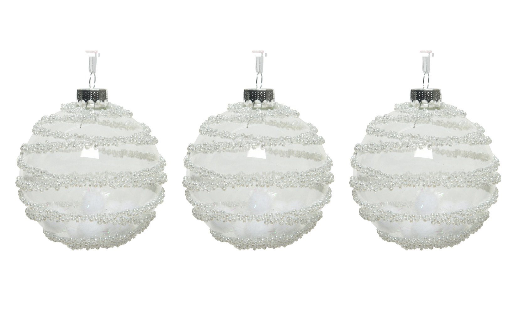 Kaemingk Weihnachtsbaumkugel, Weihnachtskugeln Glas 8cm mit Pompons gefüllt 3er Set klar transparent