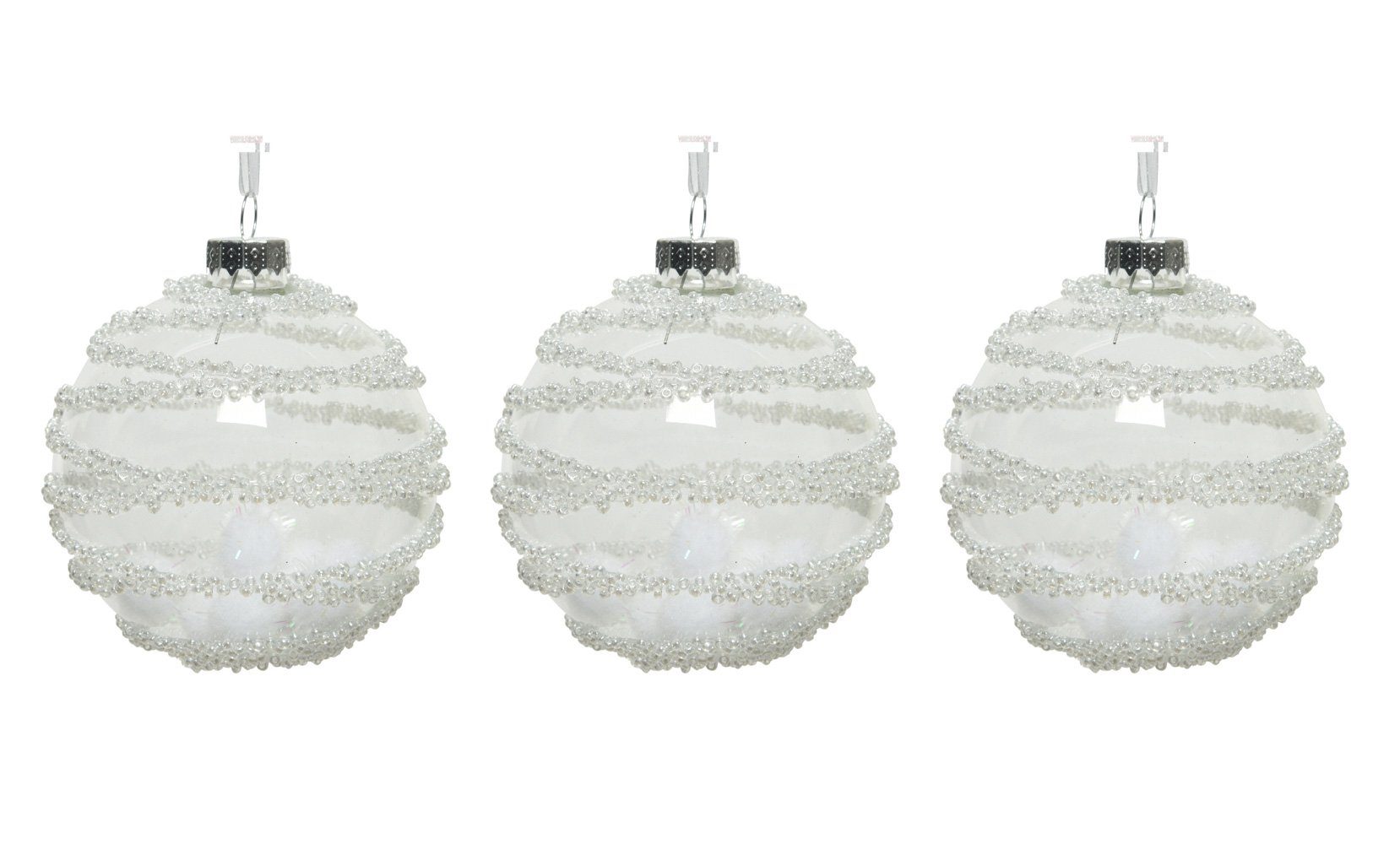 mit Pompons Set Decoris 3er 8cm klar season Glas transparent Weihnachtskugeln Weihnachtsbaumkugel, decorations gefüllt