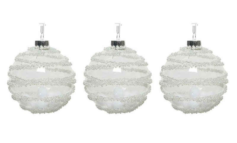 Decoris season decorations Weihnachtsbaumkugel, Weihnachtskugeln Glas 8cm mit Pompons gefüllt 3er Set klar transparent