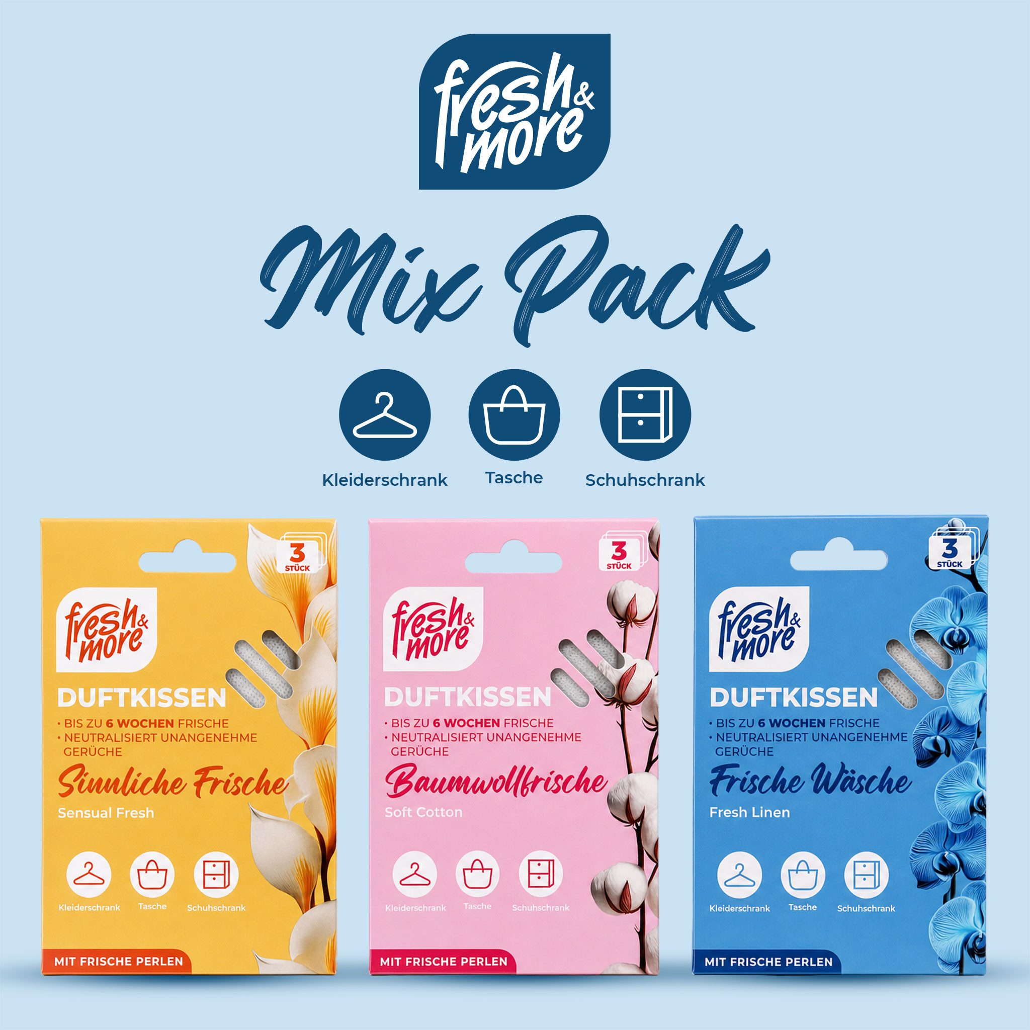 fresh & more Duftbeutel Duftkissen Mix, 3er Set, 9-tlg., 3 Packungen mit je 3 Duftkissen, 3 Duftvarianten, mit Frischeperlen