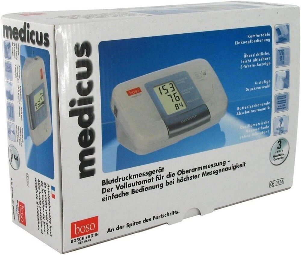 boso Oberarm-Blutdruckmessgerät Boso Medicus präzises Blutdruckmessgerät für genaue Messungen, Manuelle Druckvorwahl, Messbereich bis 280 mm Hg, Abschaltautomatik, Vollautomatische Messung, Komfortable Einknopf-Bedienung