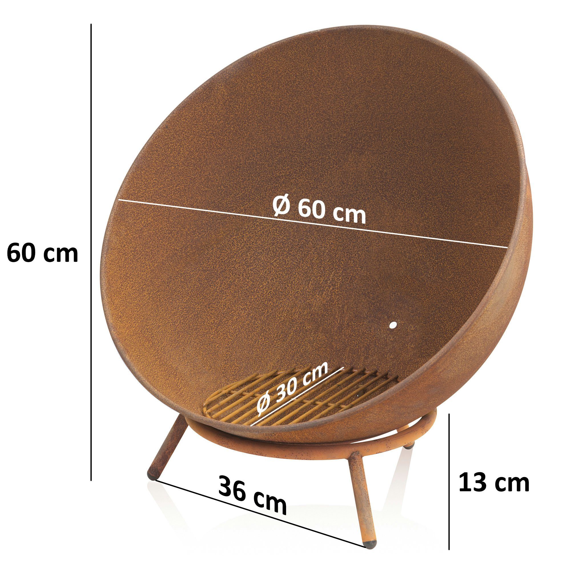 BBQ-Toro Feuerschale Ø 60cm, Rostoptik, Kippbare Outdoor Feuerstelle mit 3 Beinen, 3-in-1
