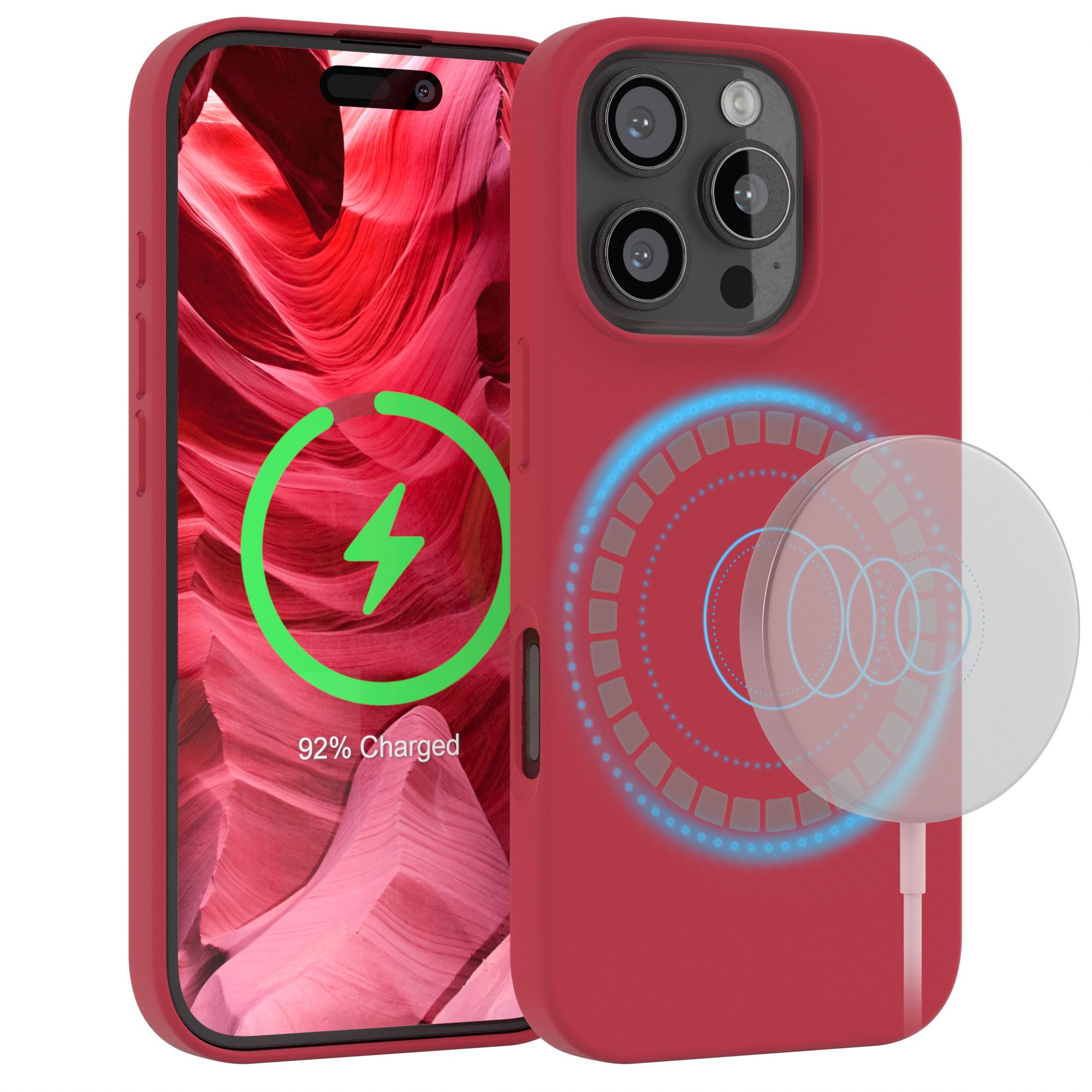 EAZY CASE Handyhülle Silikonhülle mit MagSafe für Apple iPhone 16 Pro 6,3 Zoll, Back Cover Schutzhülle mit Kameraschutz stoßfest magnetisch Rot Beere