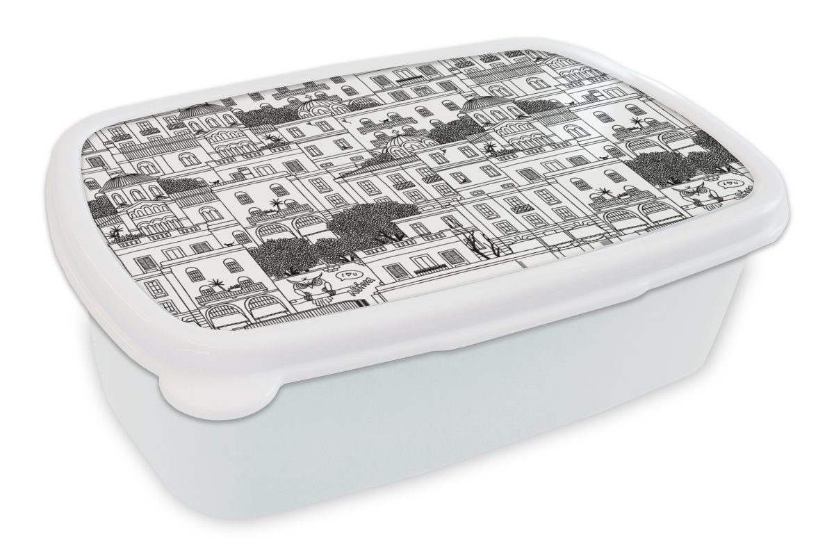 MuchoWow Lunchbox Muster - Athen - Haus, Kunststoff, (2-tlg), Brotbox für Kinder und Erwachsene, Brotdose, für Jungs und Mädchen weiß