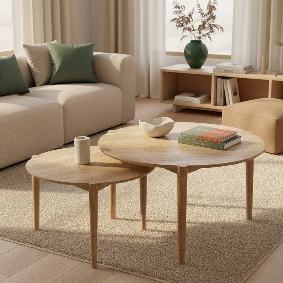 skølm Couchtisch Åsarna aus Eiche Massivholz (70 cm & Ø50 cm, geölt & lackiert, 2er Set), natur, bis 10kg belastbar, Beistelltisch rund, Sofatisch mit 3 Beinen