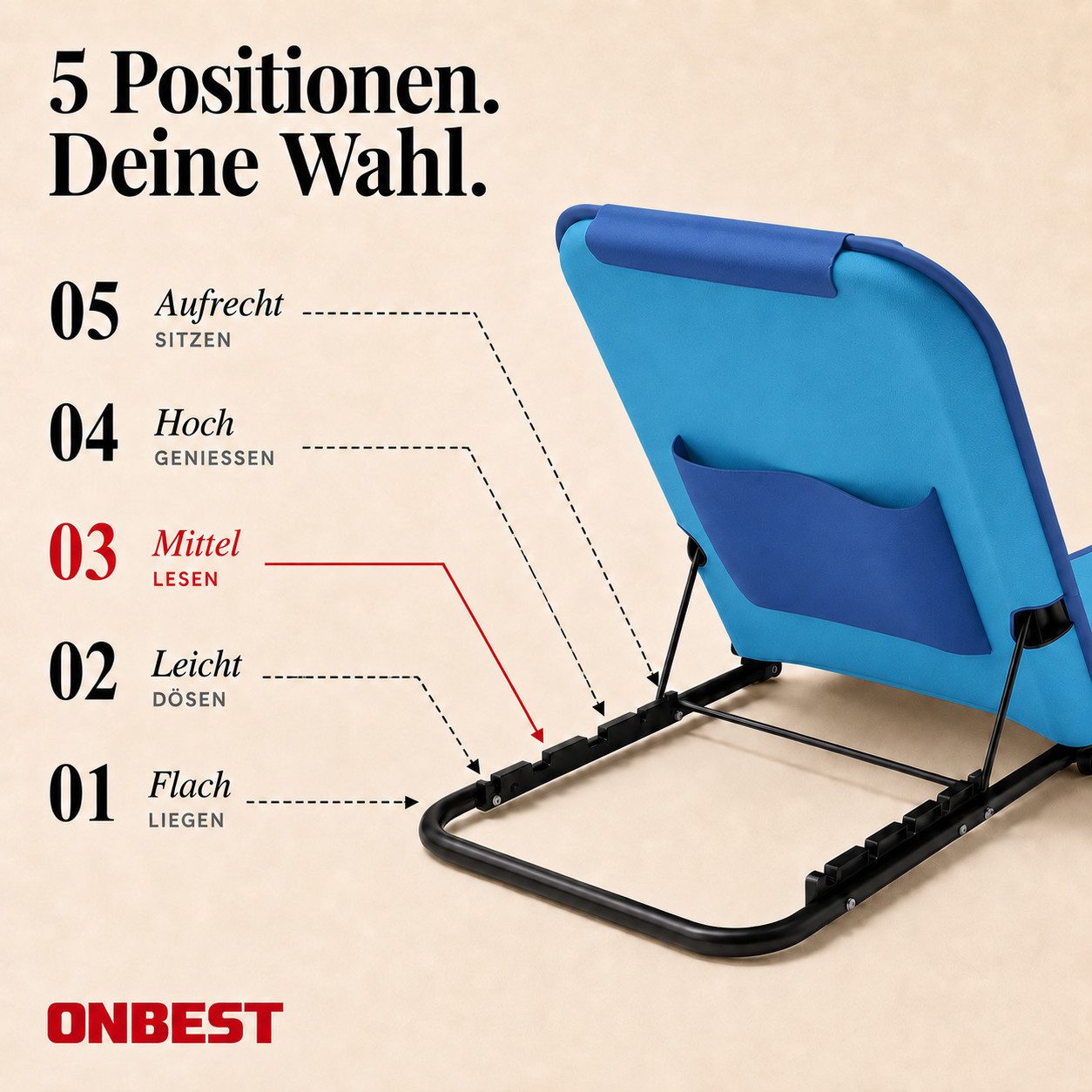 Onbest Campingliege Strandliege klappbar mit Nackenkissen Tragetasche, Stahlgestell, verstellbare Rückenlehne