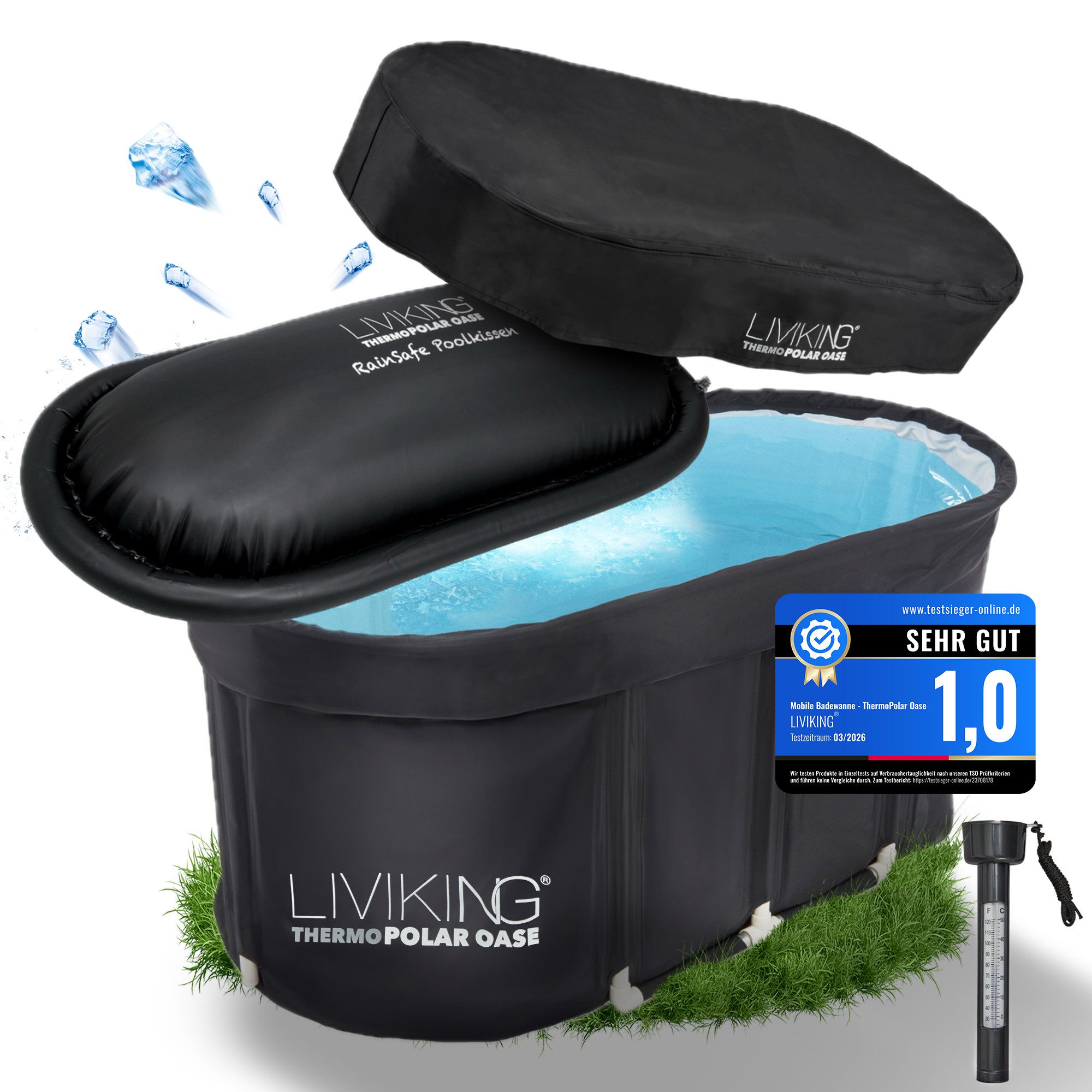 LIVIKING® Badewanne faltbar & Eisbad - 120cm KOMFORT - mobile Outdoor Badewanne Erwachsene, (WeatherPro-BUNDLE ThermoPolar Oase - ovale Sport Eistonne), ThermoPolar Isolierung, SolidShape Rahmen, Balkon Mini Pool Eisfass