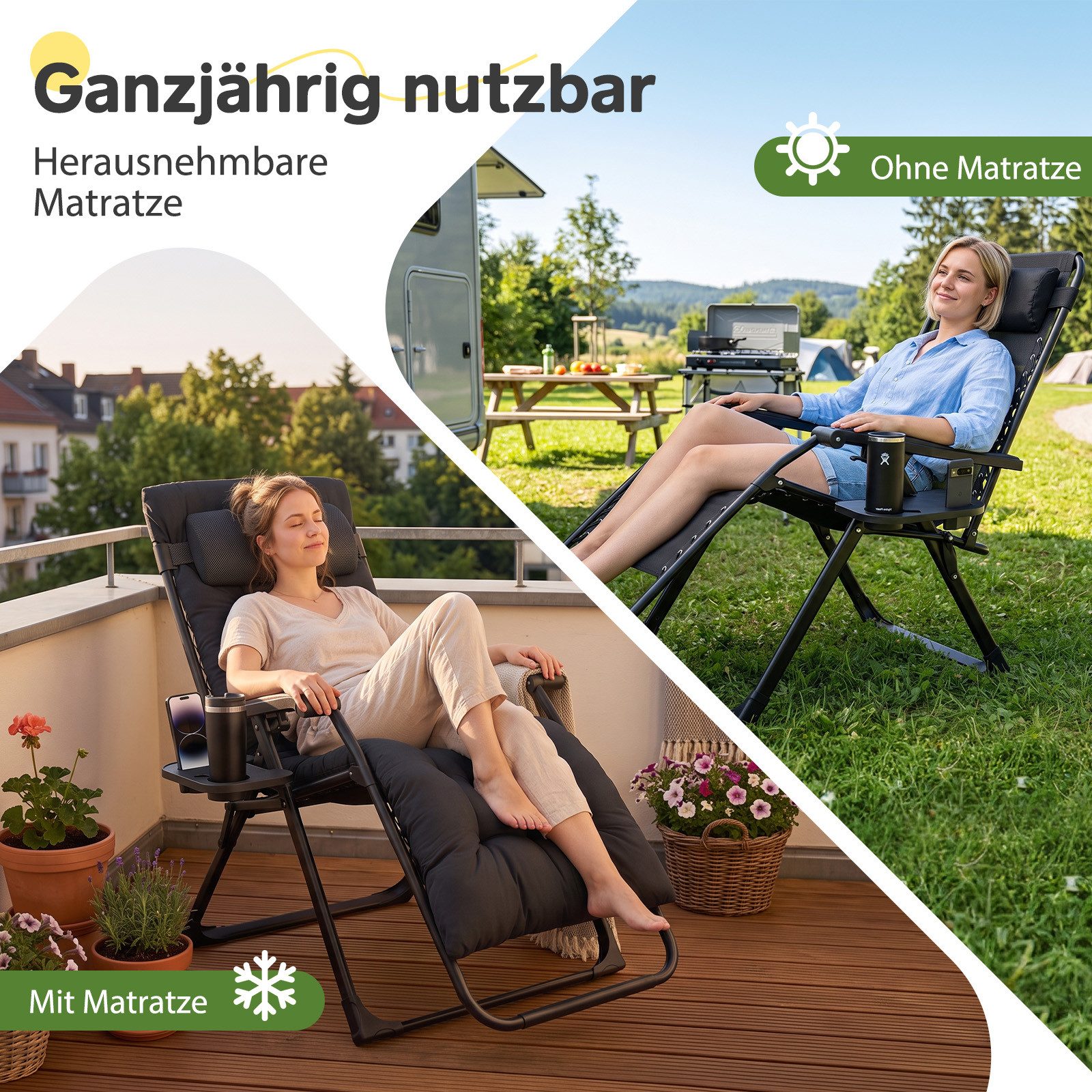 Sekey Gartenliege Sonnenliege Klappbar Gepolstert Liegestuhl mit Auflage Getränkehalter, 3-stufig verstellbar, Campingstuhl bis 200 kg, mit Nackenkissen – Bild 2 von 5