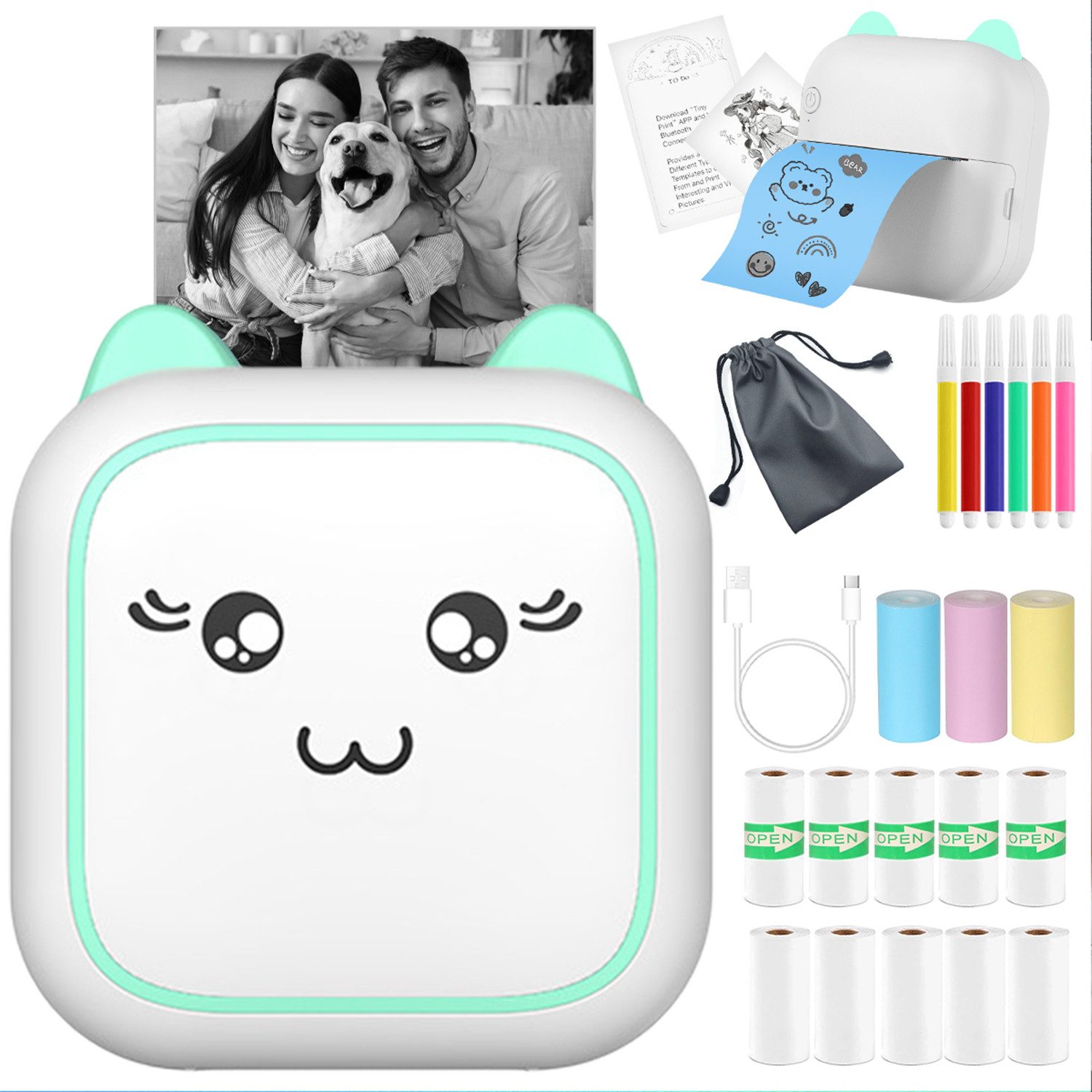 MOPUEA Mini-Thermodrucker Bluetooth,wasserloser Druck,200dpi hohe Auflösung Etikettendrucker, (Kompaktes Design, Bluetooth, 800mAh Akku, vielseitig einsetzbar)