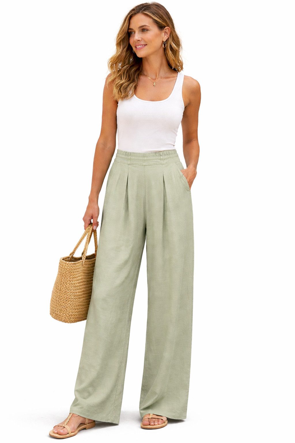 SUBLEVEL Chinos Damen Luftige Sommerhose Freizeit Weit geschnitten Stoff Palazzo-Hose