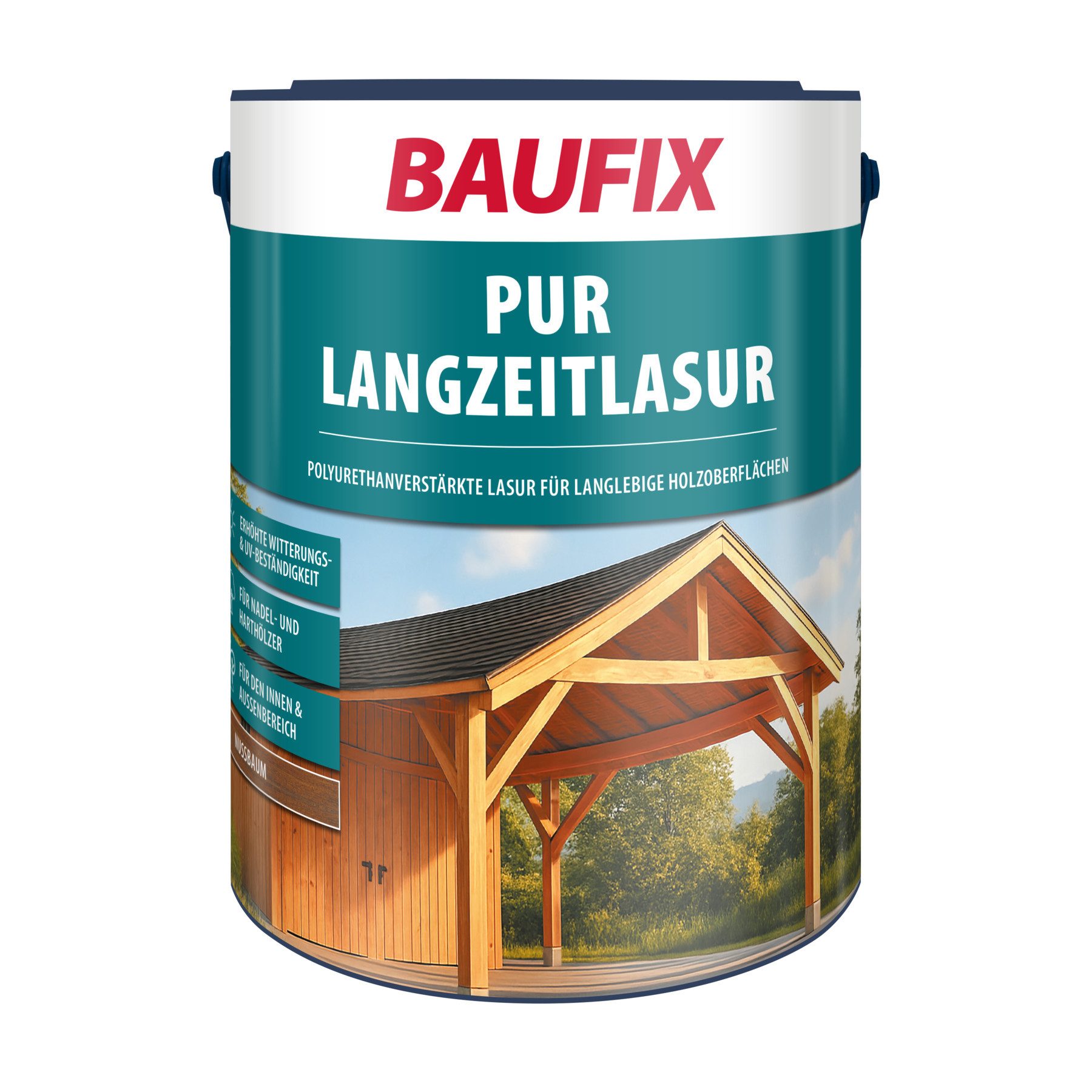 Baufix Holzschutzlasur PUR Langzeitlasur seidenmatt, 5 Liter für ca 50m², Holzlasur für innen & außen, Verkleidungen, Carports & Fachwerk
