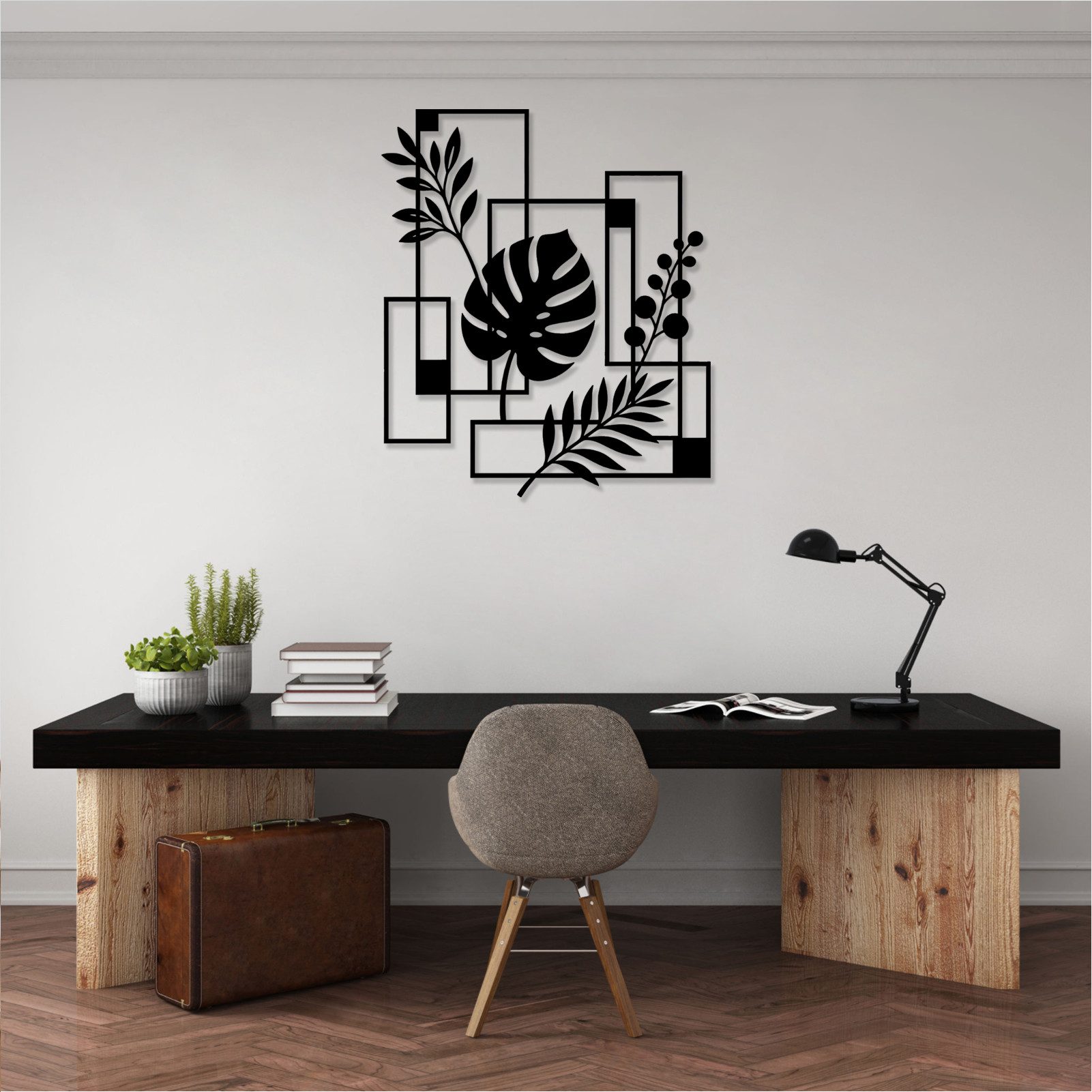 Jumpeak Wanddekoobjekt Monstera Silhouette Wanddekoration, Geometrische Quadrate, Linienkunst, Metall, 4 Farben, 2Größen, Wanddekoration für das Wohnzimmer,Abstrakt