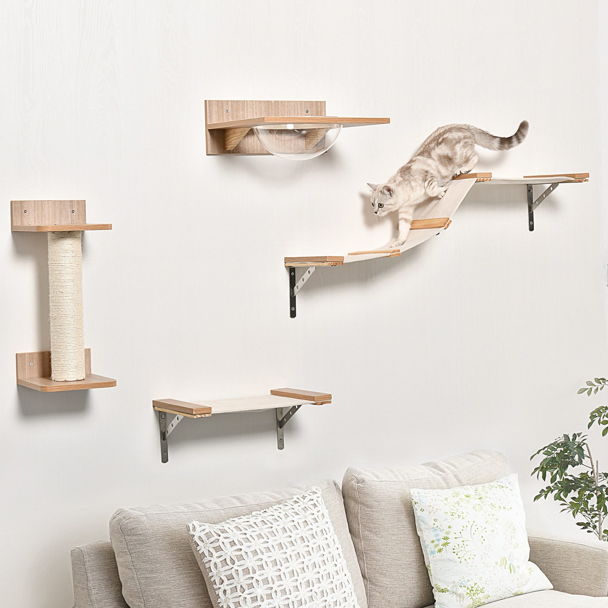 furnicato Katzen-Kletterwand Kletterwand für Katzen 100x25,5x17,5 cm in Hellbraun, Kratzbaum-Set mit Acryl-Hängematte und Sprungplattform aus Massivholz