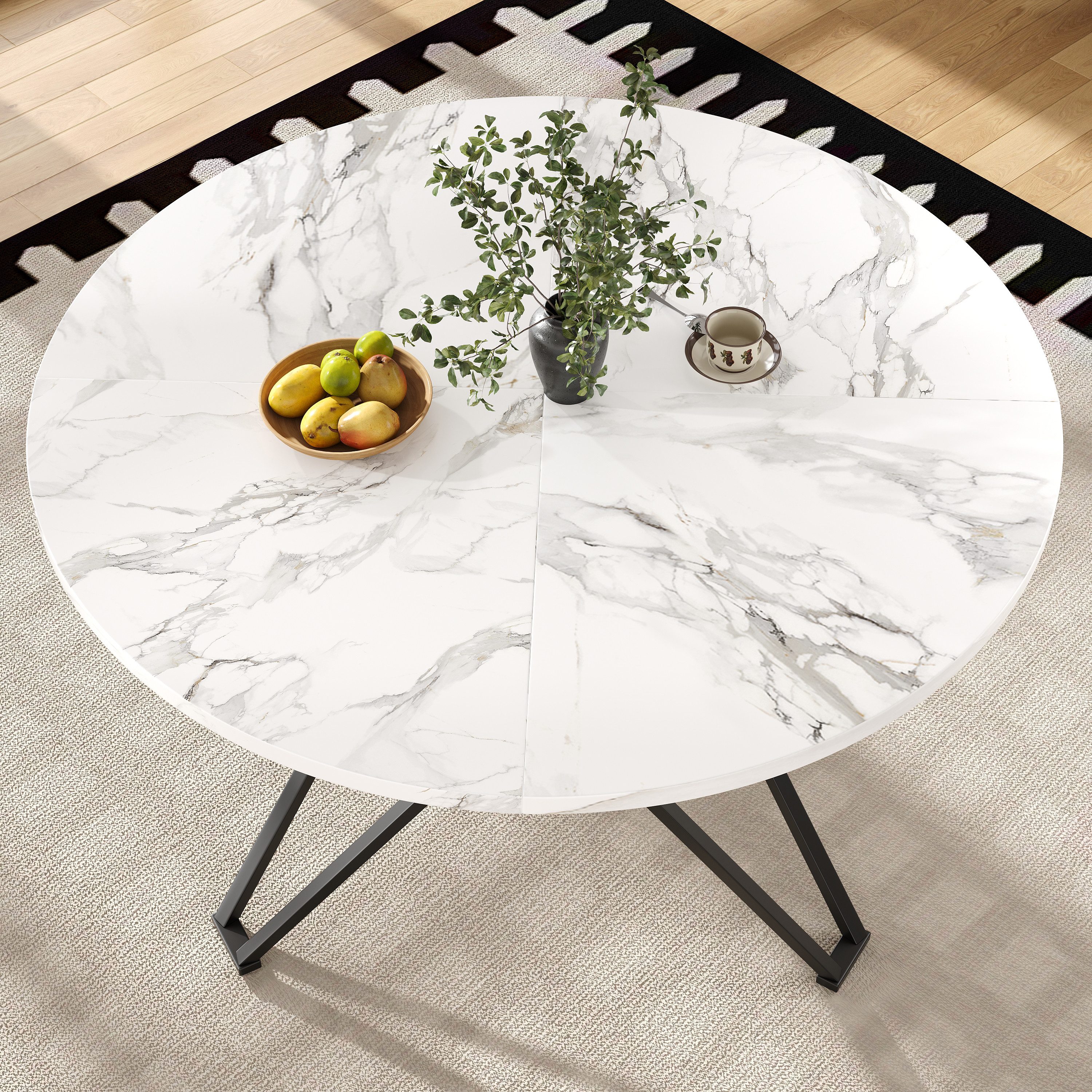 REDOM Essgruppe Runder Esstisch, (mit Marmoroptik und Metallbeinen – Verstellbare Füße, Stabiler Tisch für 4 Personen – Ideal für Esszimmer, Wohnzimmer & Büro, 1-tlg)