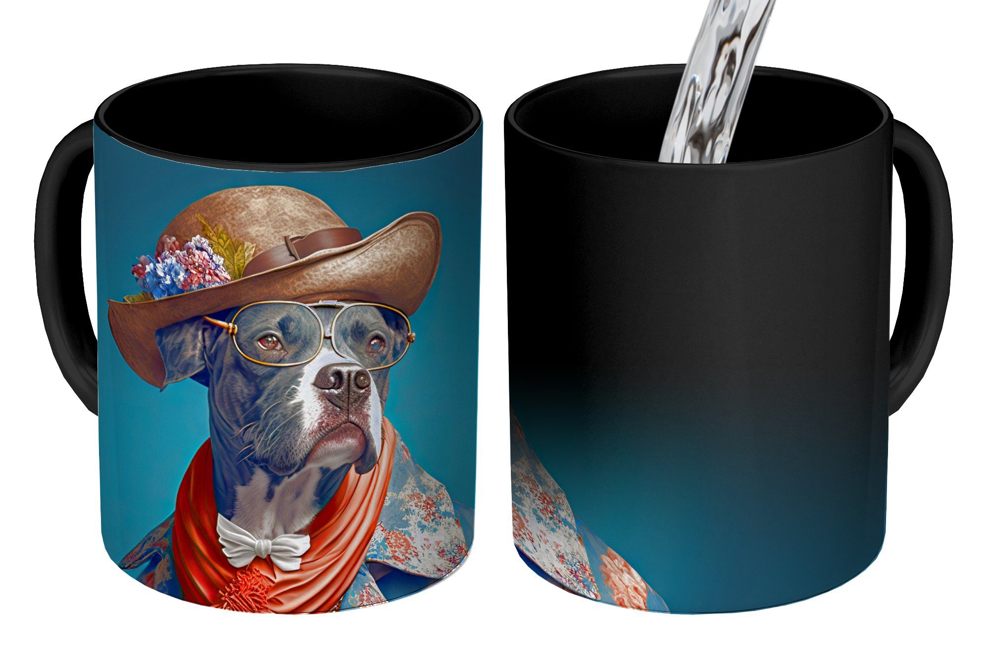 MuchoWow Tasse Hund - Jacke - Blumen - Hut - Blau, Keramik, Farbwechsel, Kaffeetassen, Teetasse, Zaubertasse, Geschenk