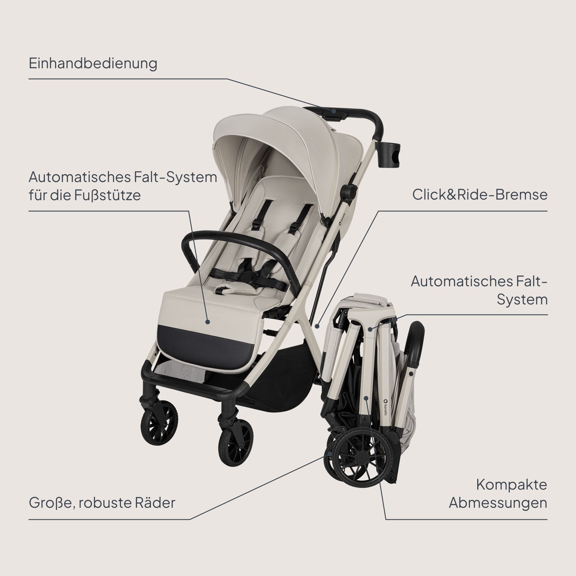 lionelo Kinder-Buggy CLOE PLUS, (Set), Auto-Folding/Große PU-Räder/Kompakt und freistehend