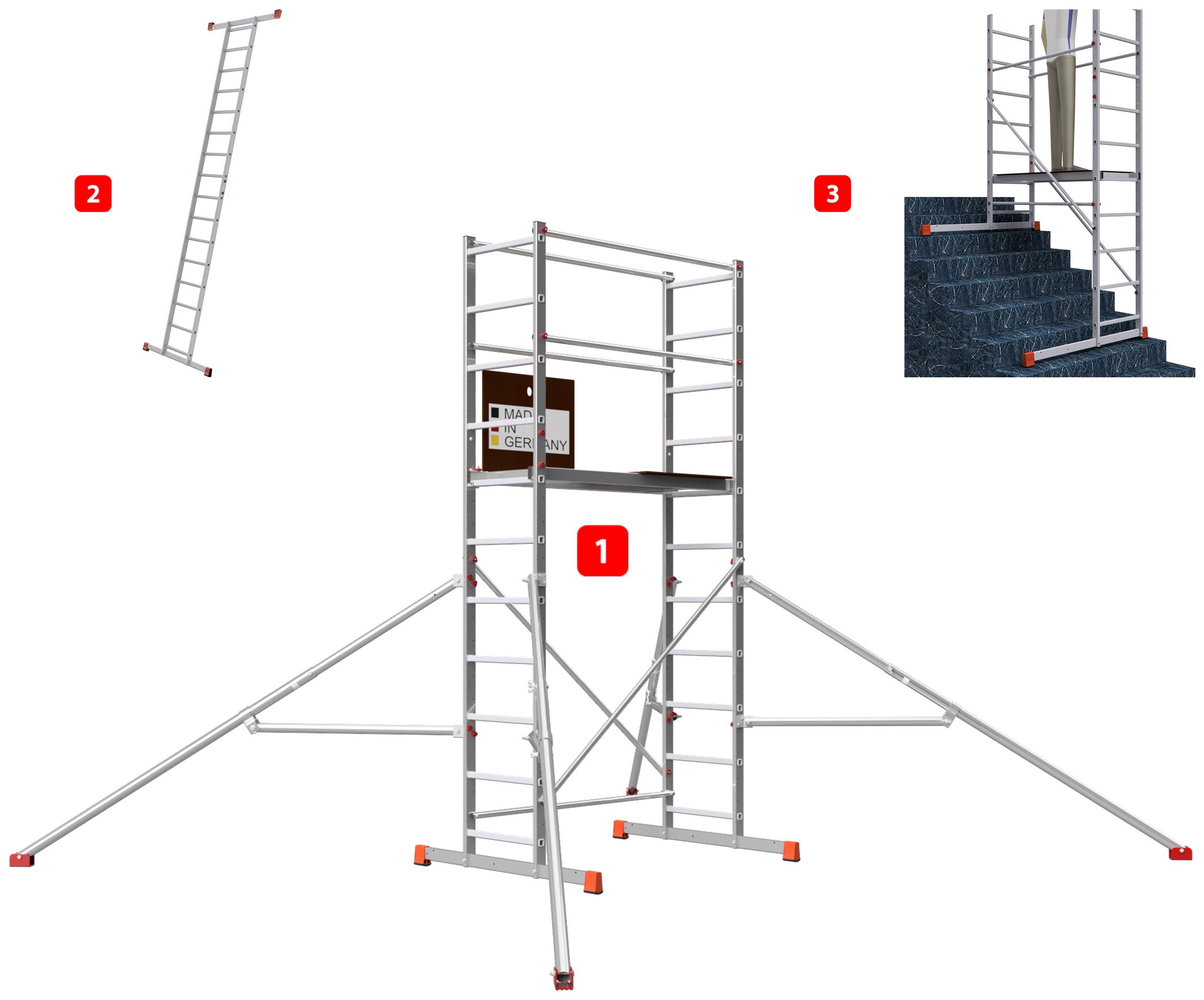 ALTEC Aluminium Arbeitsgerüst AluCombine® 4.0, Alu Standgerüst mit Traverse & Dreieckausleger, maximale Arbeitshöhe 7 Meter