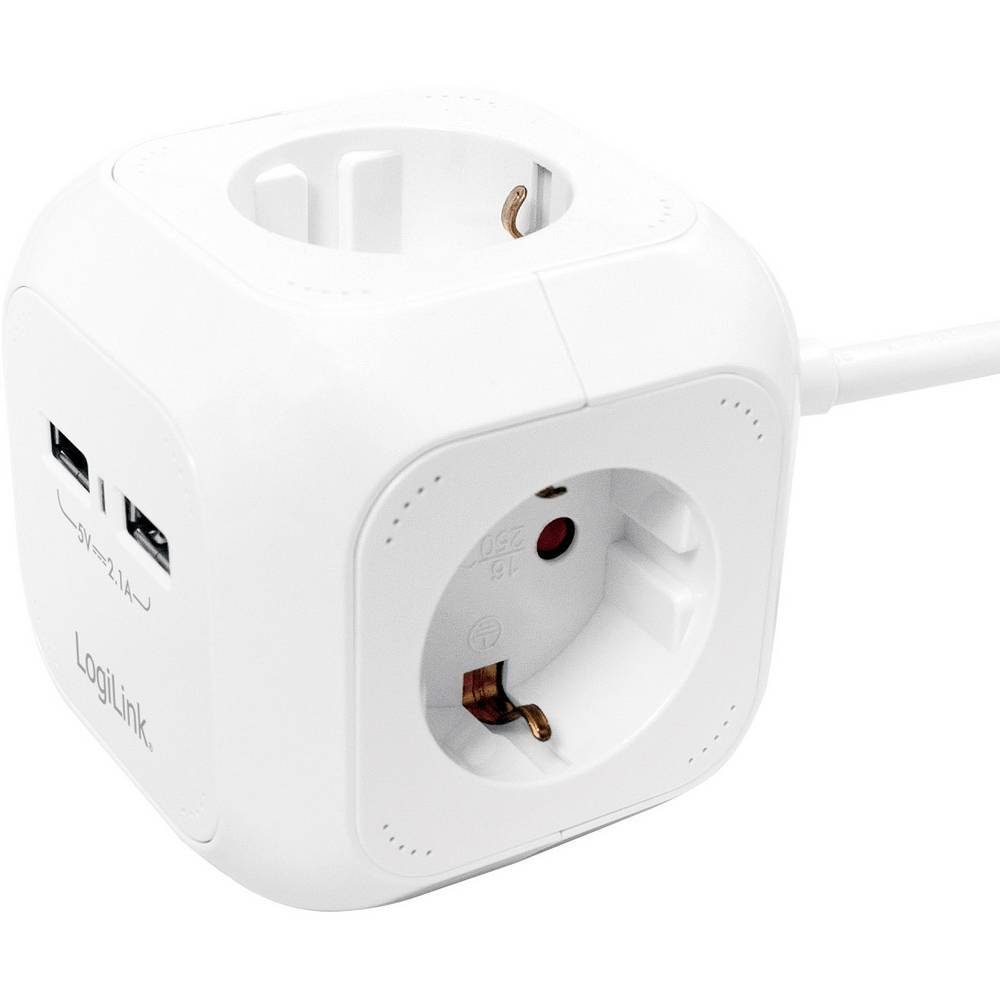 Multifunktionssteckdose 4+2 mit erhöhter Cube Berührungsschutz, Steckdosenleiste, LogiLink Power USB