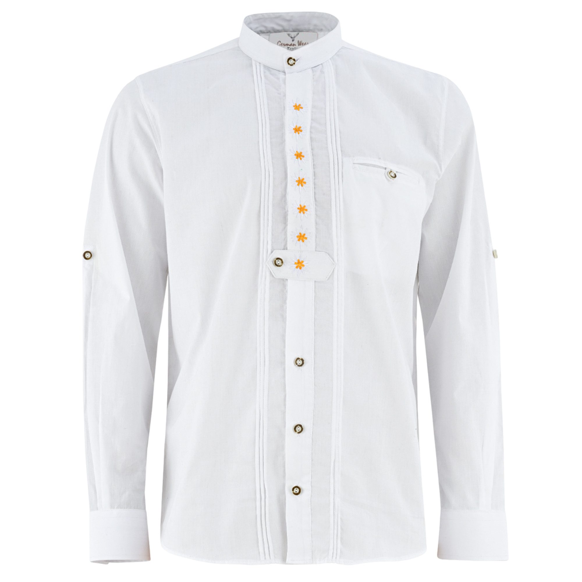 German Wear Trachtenhemd GW1253 Trachtenhemd Edelweiß bestickt Stehkragen Biesen Krempelärmel