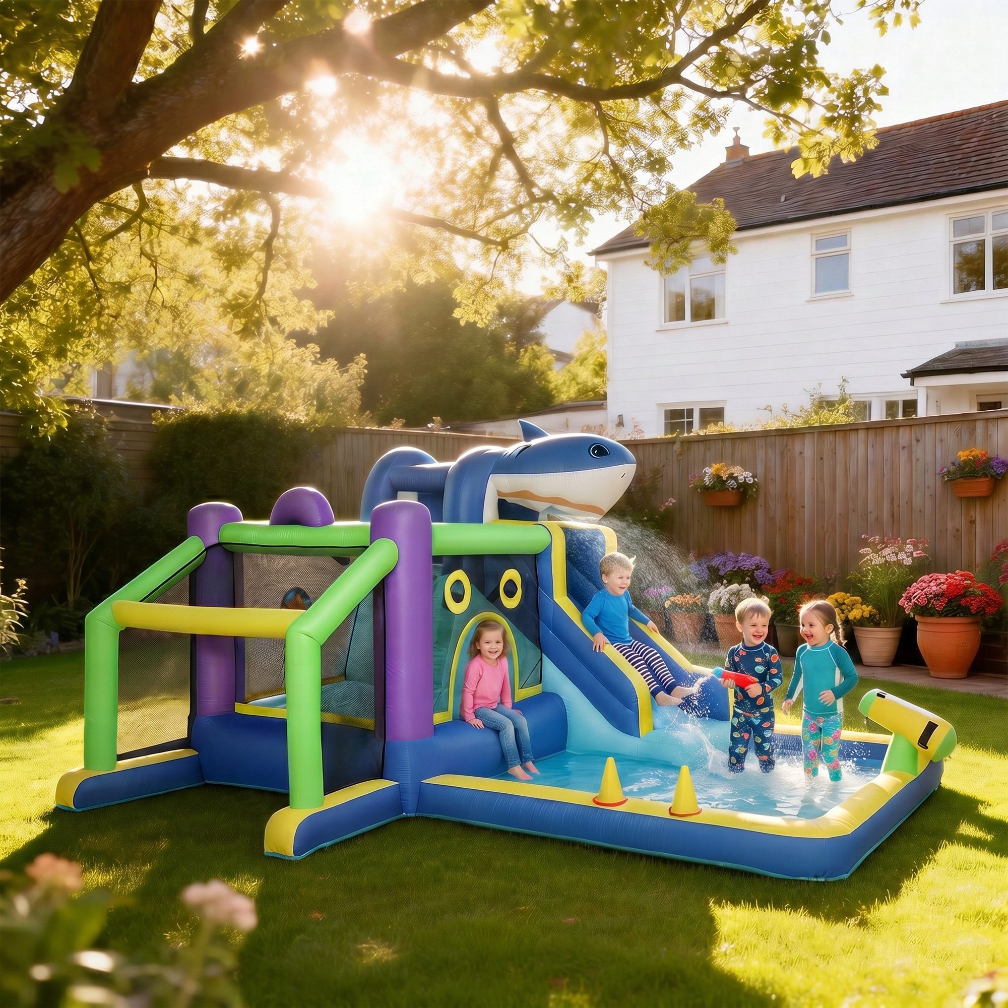 AIYAPLAY Hüpfburg Wasserpark mit Rutsche Planschbecken Trampolin Kletterwand, (Springburg mit Hai-Design, 1-tlg., 8-in-1 aufblasbare Wasserpark), für 3–8 Jahre für Indoor Outdoor 405x345x235cm Mehrfarbig