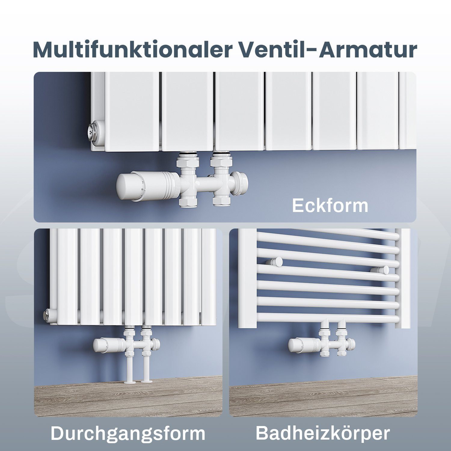 Anschlussgarnitur Designheizkörper Heizkörperthermostat Multiblock set ELEGANT Thermostatventil 50mm G Heizkörper Weiß/Anthrazit/Chrom, 1/2" Heizung