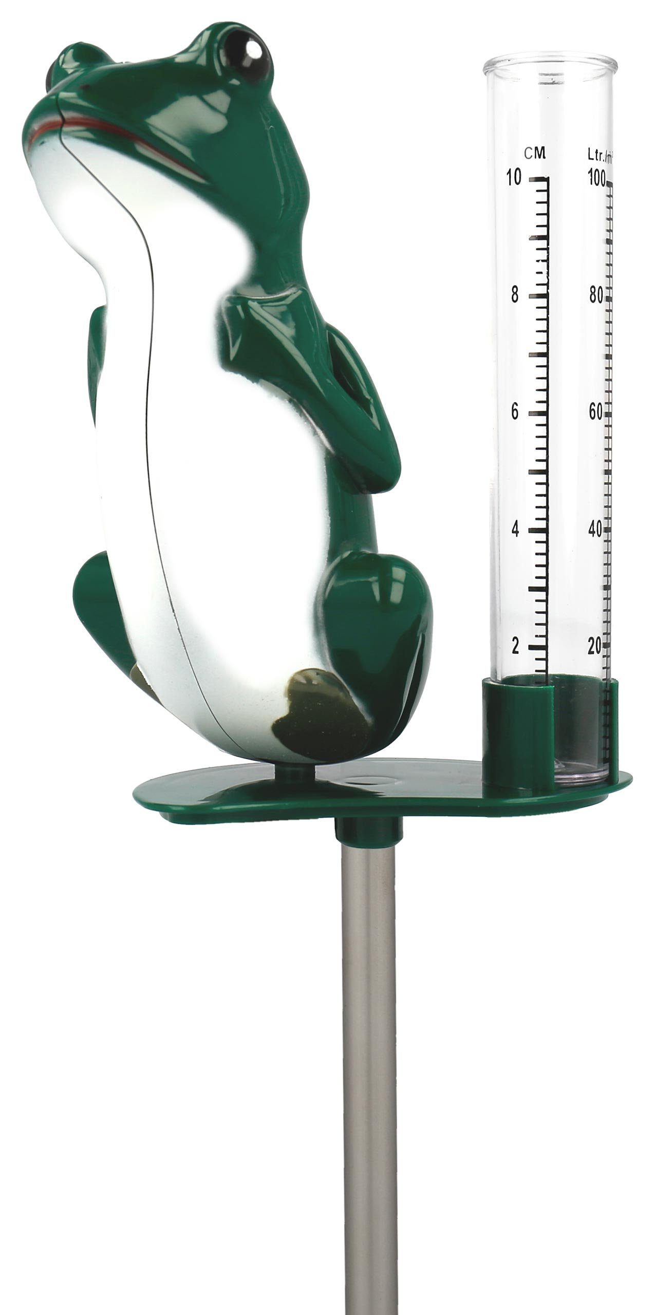 Lantelme Frosch mit Erdspieß Niederschlagsmesser Regenmenge Außen Garten Regenmesser (Metall Erdspieße, inkl. 40cm Erdspieß Metall, Regenmengenmesser auch als Deko)