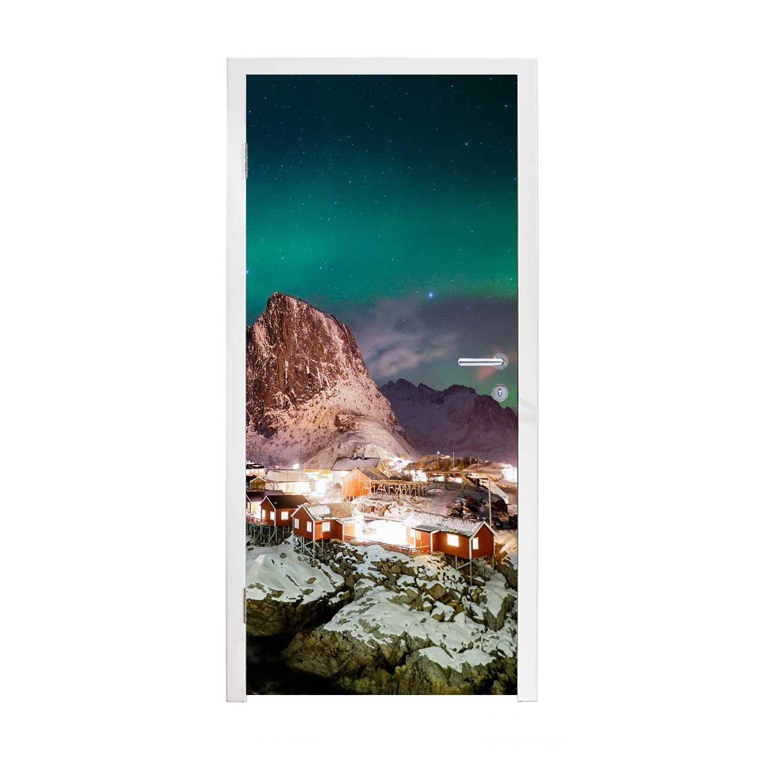 MuchoWow Türtapete Nordlichter - Berg - Haus - Insel, Matt, bedruckt, (1 St), Fototapete für Tür, Türaufkleber, 75x205 cm