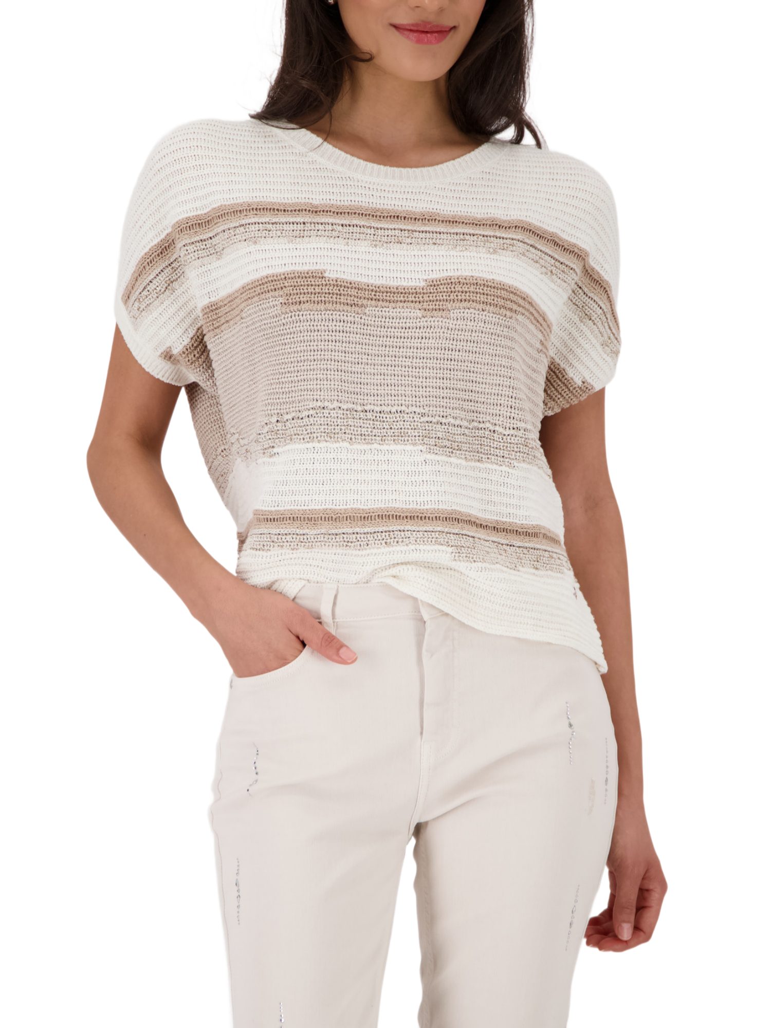 Monari Kurzarmpullover natur,Casual,Viskose,Gestreift,Rundhals,Kurz,Gerade