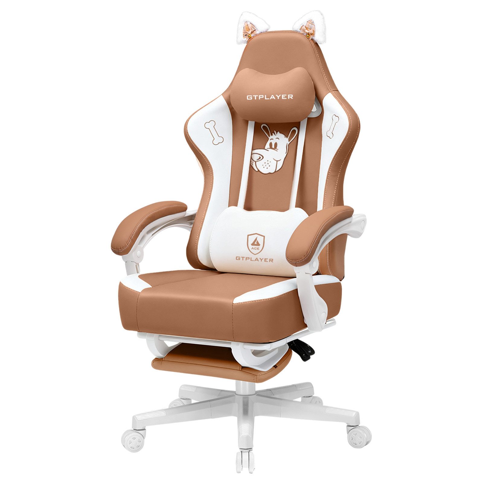 GTPLAYER Gaming-Stuhl mit klappbarer Lordosenstütze und Katzenohren Süße Katze Edition, Ergonomische Gamer Stuhl mit Fußstütze