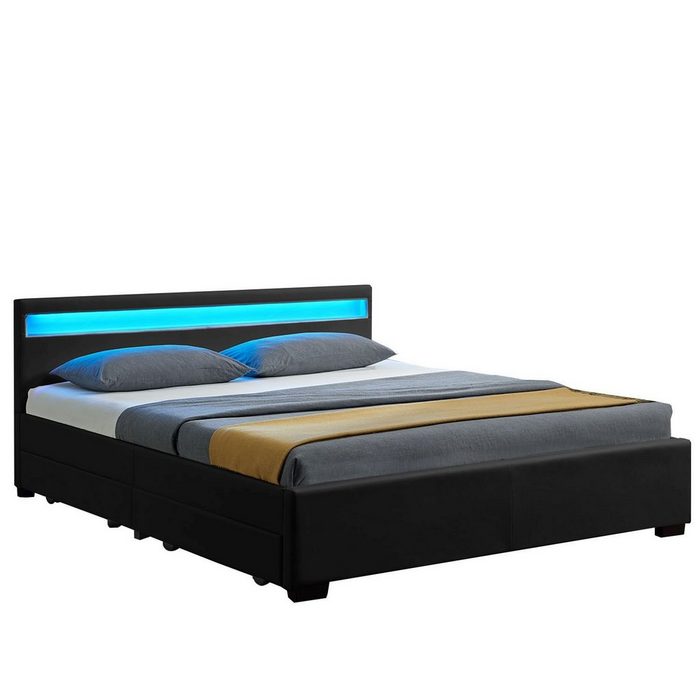 Juskys Polsterbett Lyon 140 x 200 cm ausziehbare Bettkästen LED Beleuchtung mit Fernbedienung stabiler Lattenrost & gepolstertes Kopfteil