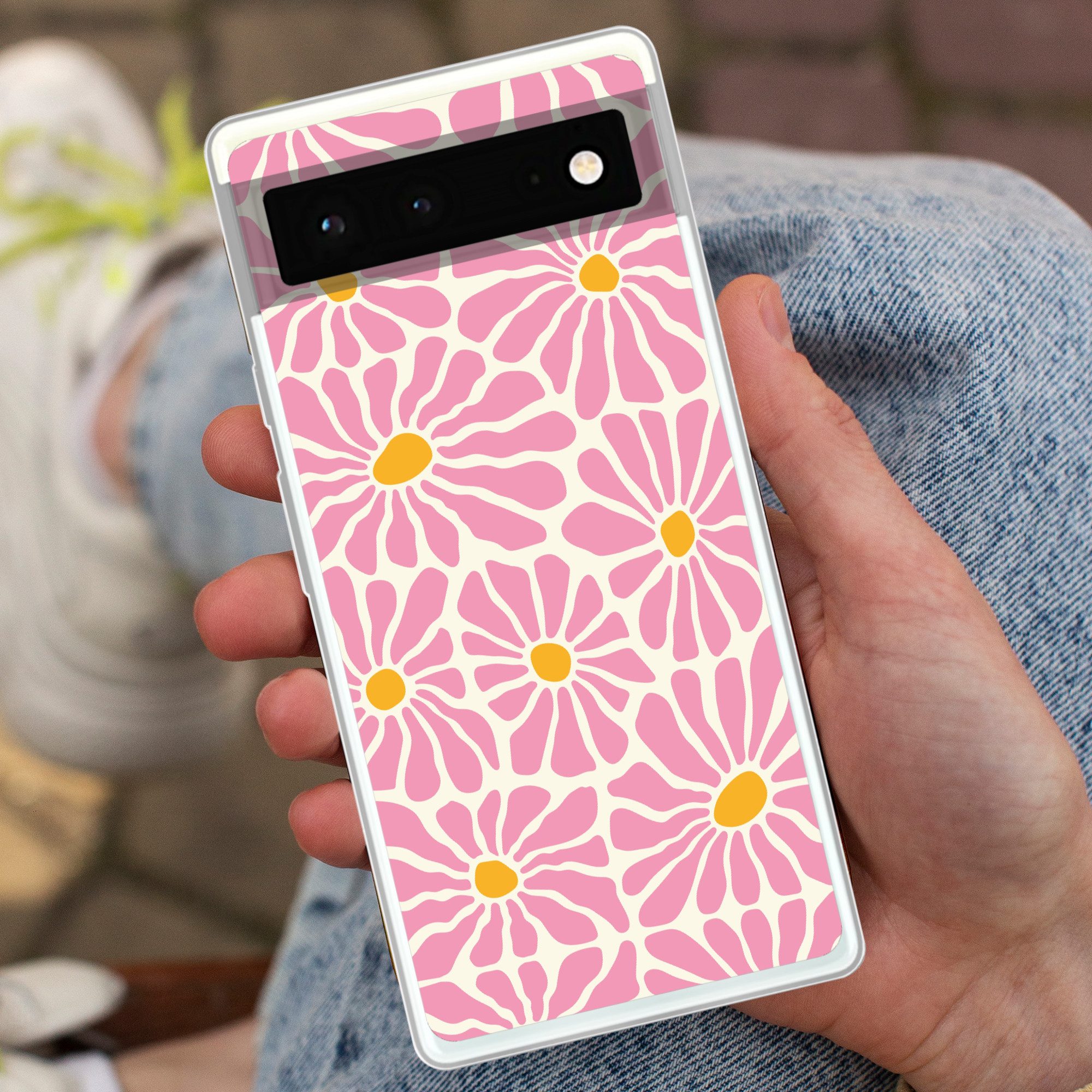 MuchoWow Handyhülle für Google Pixel 6 Blumen - Muster - Rosa - Beige - Orange, Handy Case, Silikon, Bumper Case Dünn