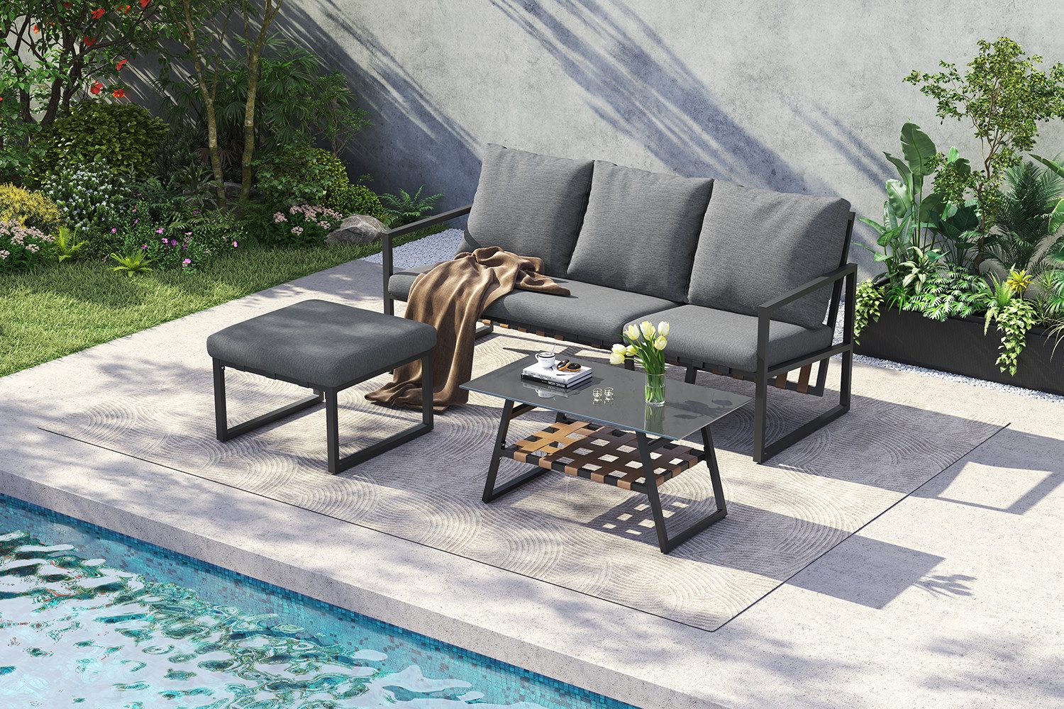 OUTMAX Gartensofa verzinktes Stahlrohr,Glastischplatte,geeignet für Gärten,Schwimmbäder, Set 3 Teile, Sofa + Couchtisch + Fußhocker