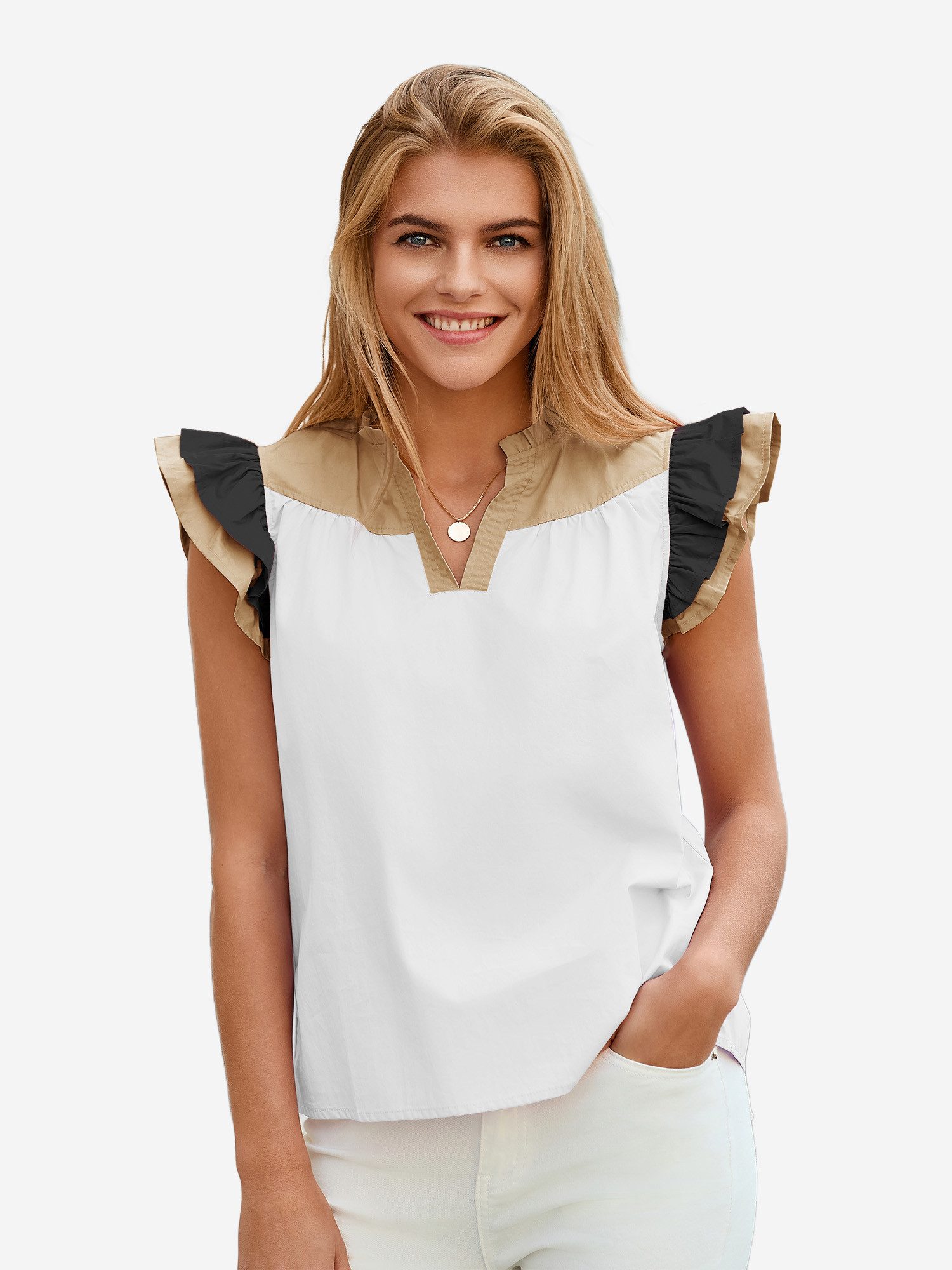 Imily Bela Blusenshirt Damen Kurzarm mit Colorblocking Rüschenärmeln und V- günstig online kaufen