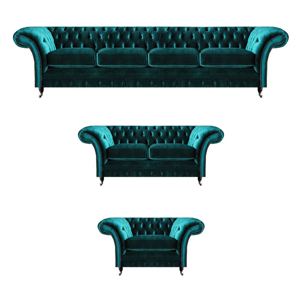 JVmoebel Chesterfield-Sofa Luxus Sofagarnitur in Samtoptik mit Knopfheftung, 3 Teile, Made in Europa