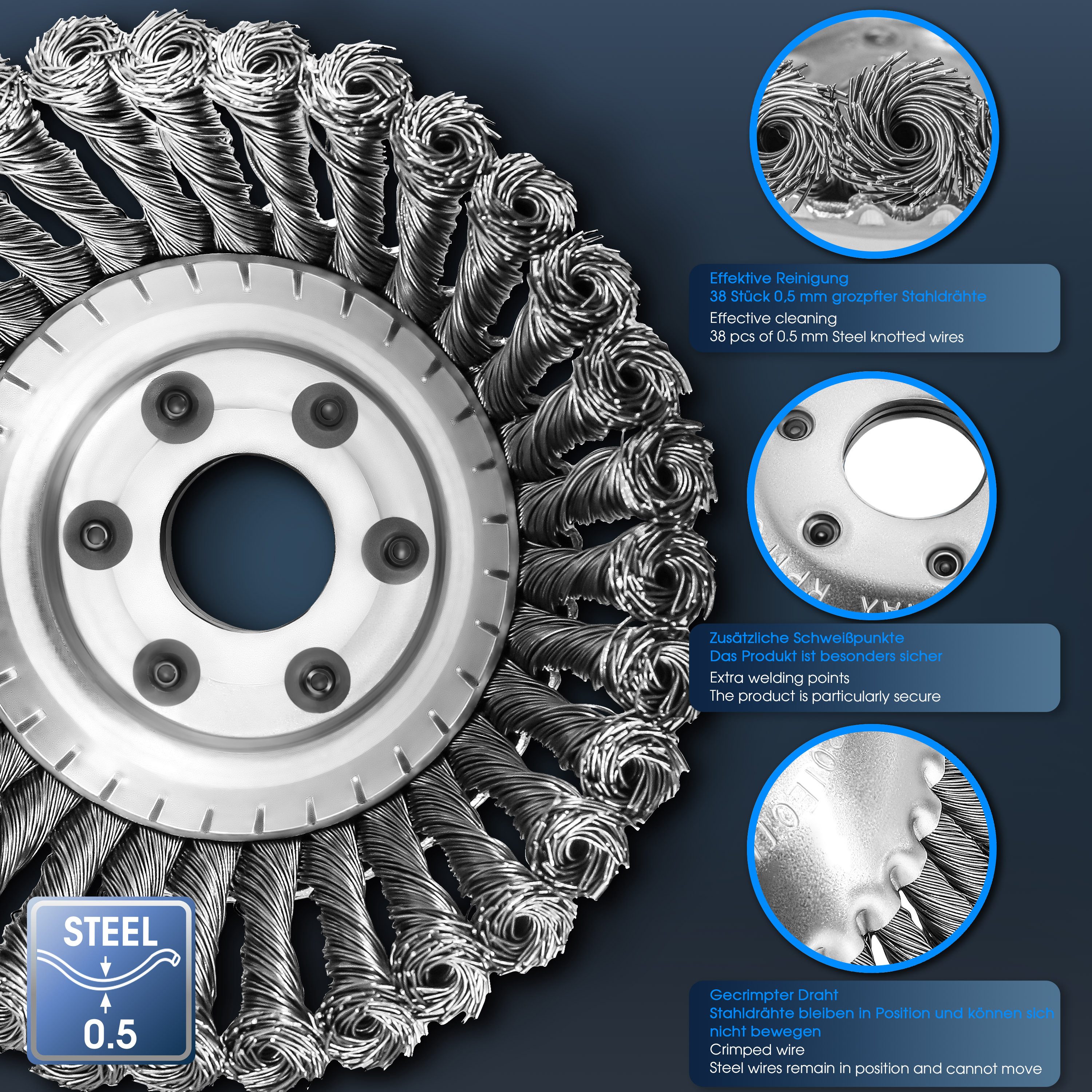S&R Drahtbürste Stahlbürste, Unkrautbürste 150 mm x 25,4 mm, für Rasentrimmer, (Set, 5-TLG Set mit Zubehör), Motorsense Freischneider, gegen Unkraut, Moos, starke Verunreinigungen