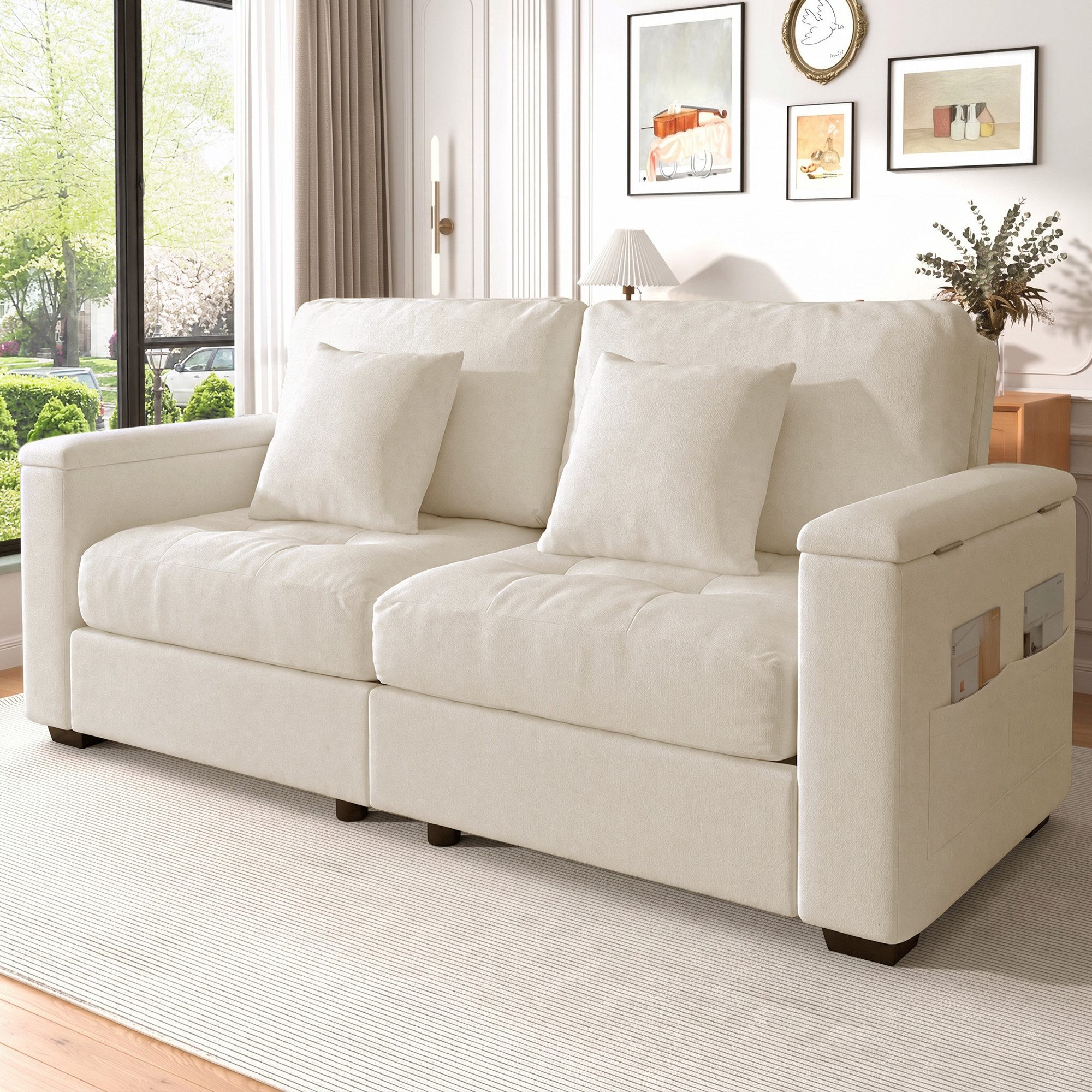 HAUSS SPOLE Loungesofa Zweisitzer mit Kissen & Holzrahmen,Relaxsofa aus Chenille in Beige, 2-Sitzer Wohnzimmersofa mit Chenille-Stoff Oberfläche und Armlehnen Stauraum, belastbar bis 500 kg