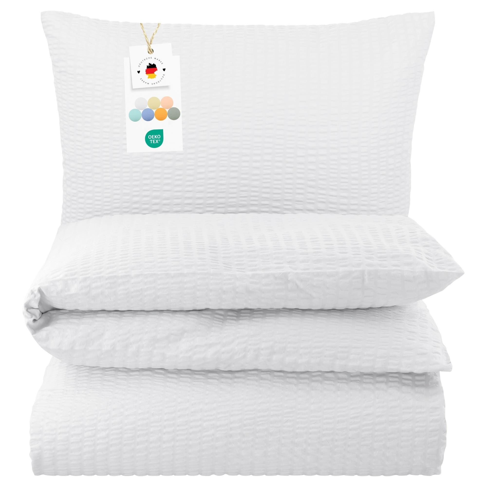 Carpe Sonno Bettwäsche Seersucker 135 x 200 155 x 220 Bügelfrei Sommer Uni 100% Baumwolle, Seersucker, 2 teilig, Leicht kühlender Bettbezug mit Reißverschluss & OEKO-TEX Weiß 135x200