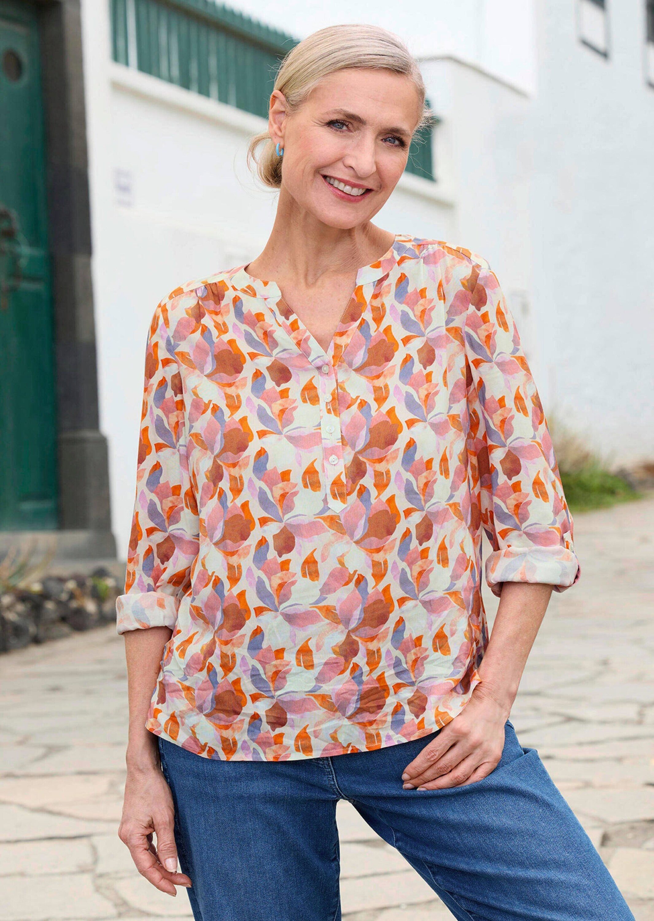 GOLDNER Schlupfbluse Florale Druckbluse mit V-Ausschnitt Viskosebluse mit Seitenschlitzen und Langarm
