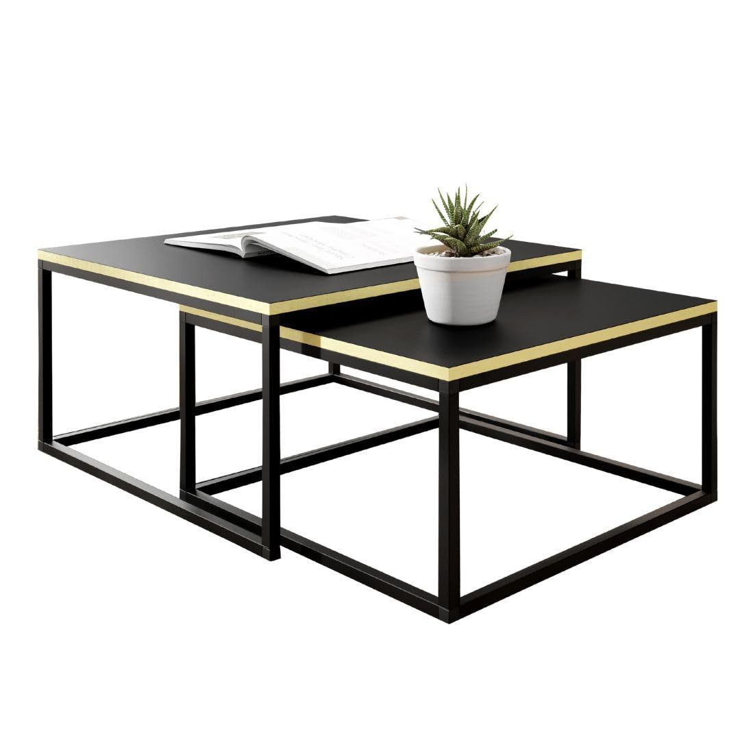 KIER FURNITURE Couchtisch 2er Set - 75x75 und 65x65 cm, Schwarz und Goldfarbenes Furnier