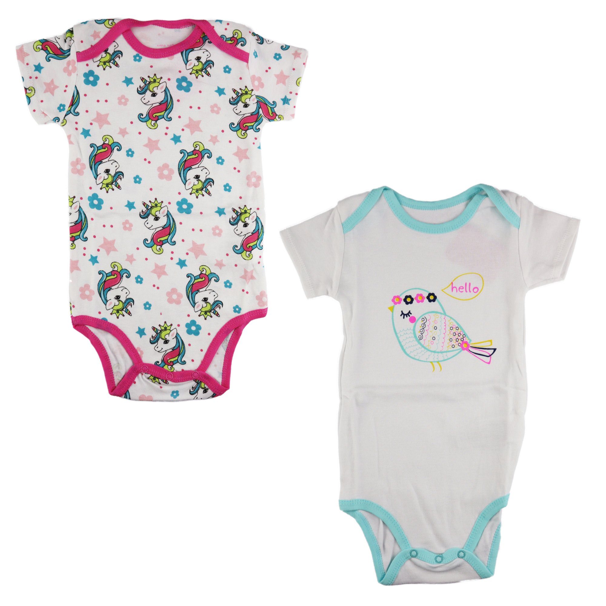 EplusM Kurzarmbody 2er Pack Mädchen Baby Kurzarm body Gr. 68 bis 92, 100% Baumwolle, Einhörner und Vogel