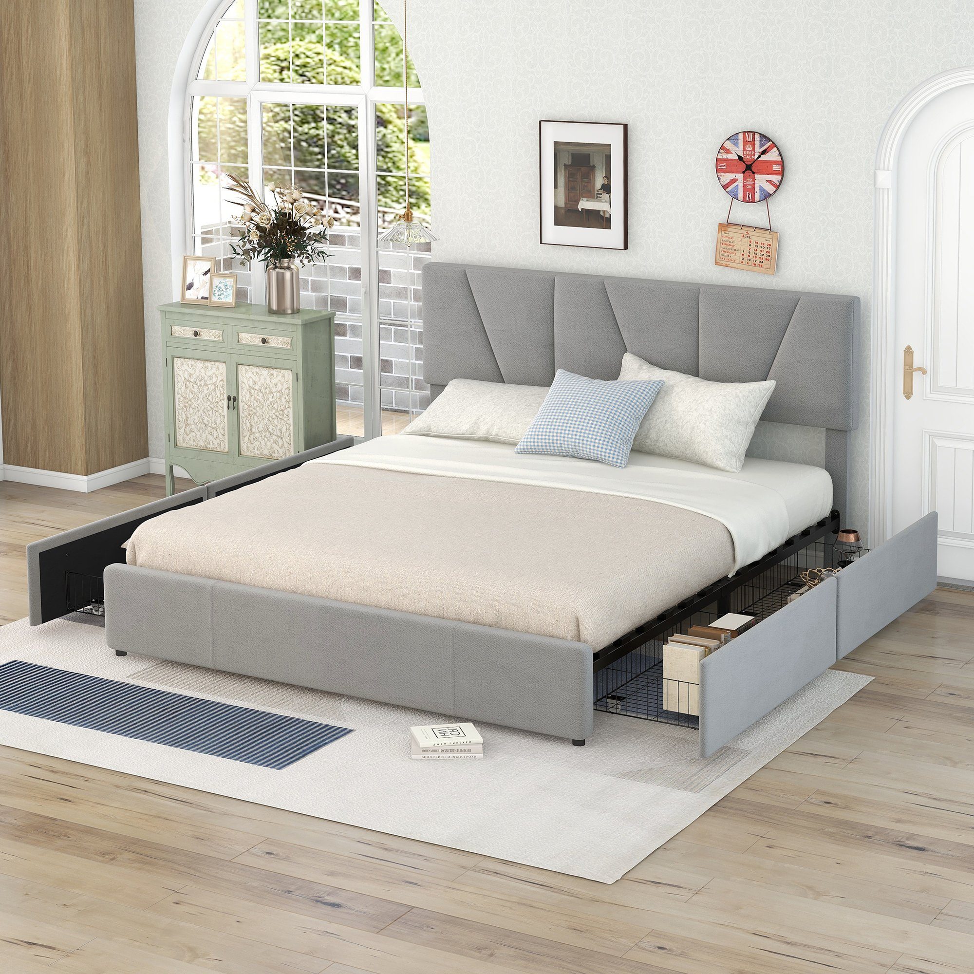 REDOM Bett Doppelbett Gästebett Gepolsterte Betten (mit vier Schubladen auf zwei Seiten,Verstellbares Kopfteil, 160*200), Ohne Matratze grau