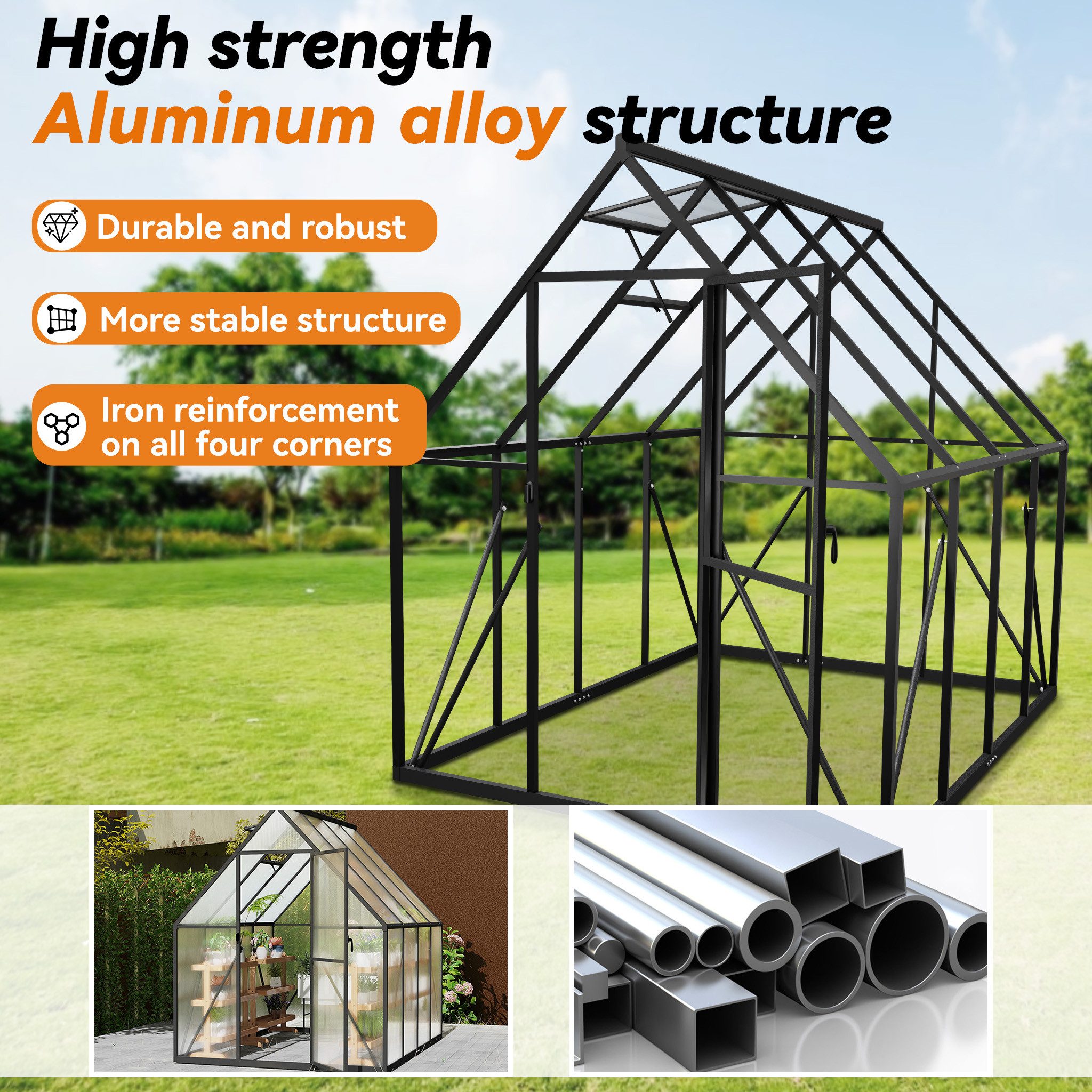 FIVMEN Gewächshaus ALU mit Fundament rostfrei BxTxH: 180 x 230 x 195 cm, Premium Gartengewächshäuser Aluminium mit 6 cm Fundament – Bild 4 von 5