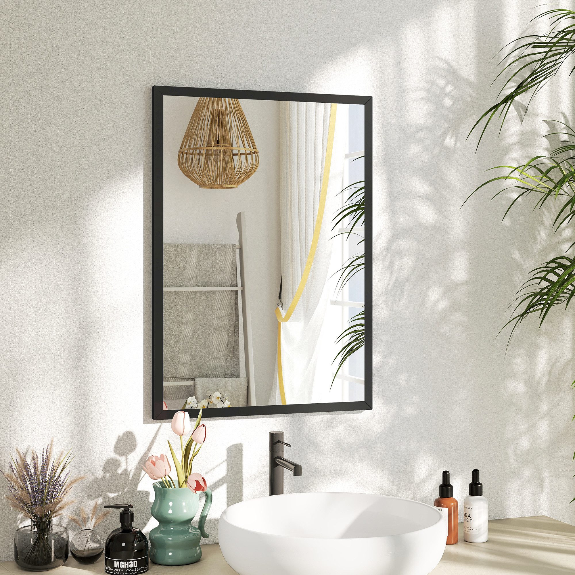 HOMCOM Wandspiegel Rechteckig Spiegel Dekorativ 50 x 70 cm (Badezimmerspiegel, 1-St., Dekorativer Hängespiegel), für Schlafzimmer Badezimmer Wohnzimmer Flur Schwarz
