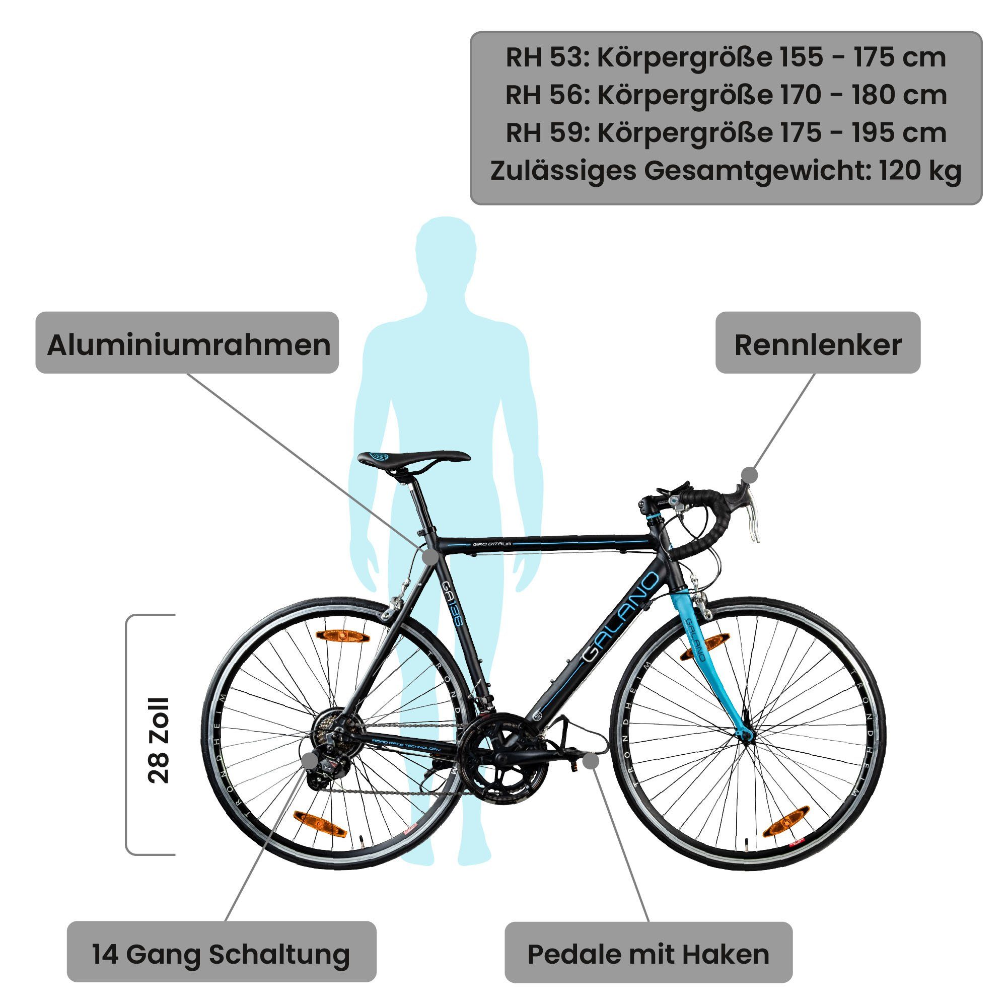 Galano Rennrad Giro D'Italia, 14 Gang, Kettenschaltung, Rennrad für Damen und Herren 155 - 195 cm Fahrrad Road Bike Fitnessrad